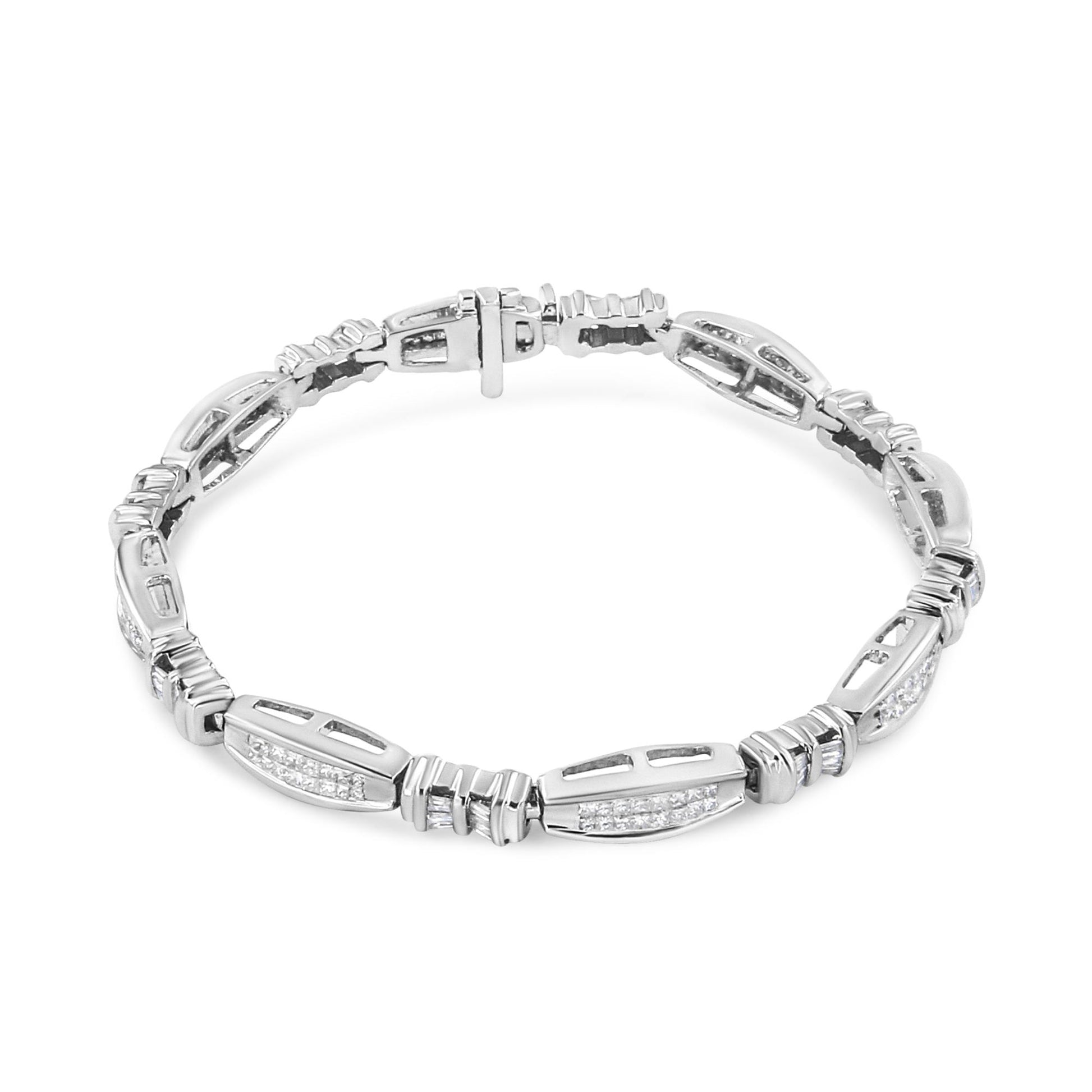 White metal bracelet with alternating segments featuring white gemstones in princess and baguette shapes, shown from a top angle.
