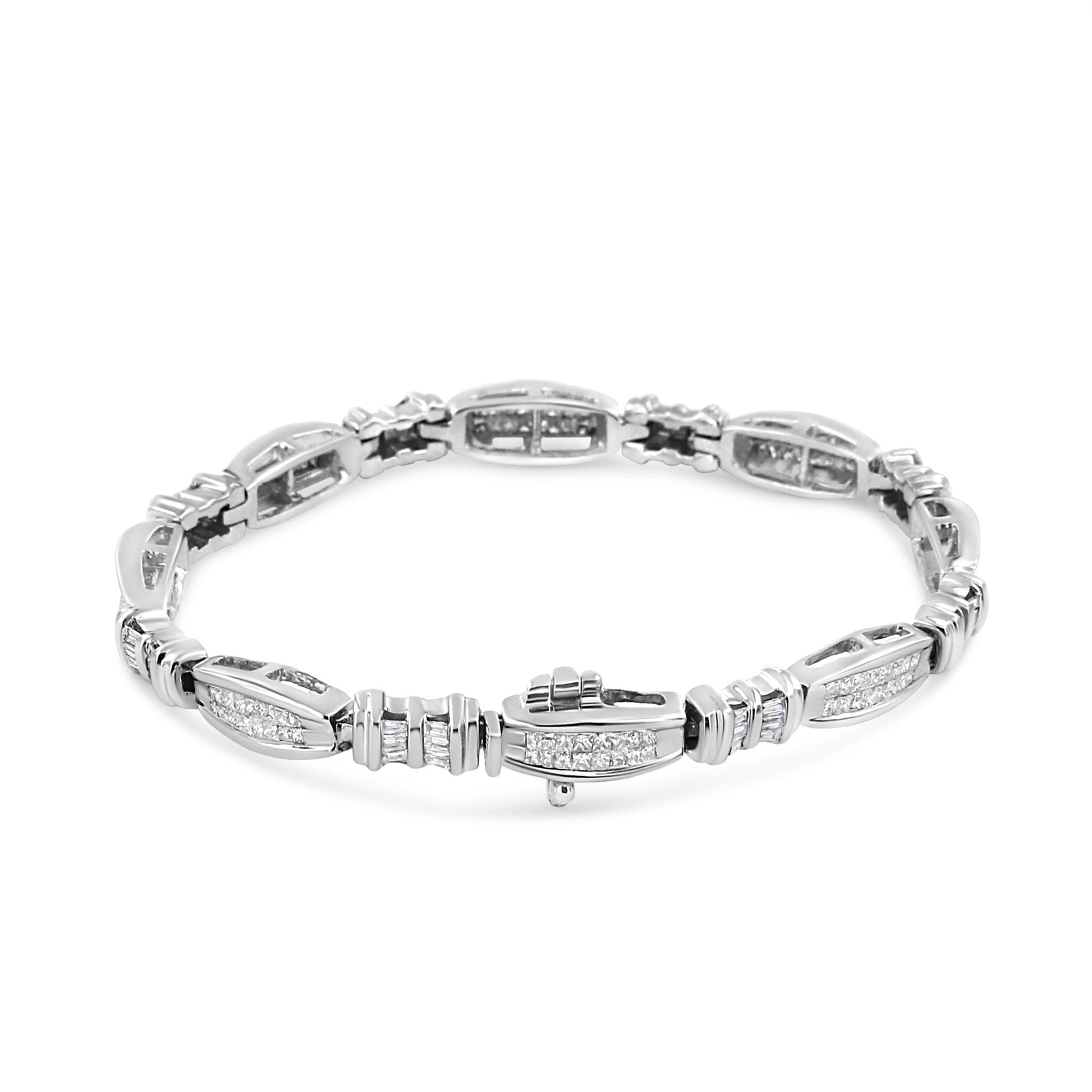 White metal bracelet with princess and baguette shaped white gemstones, shown from an angled top view.