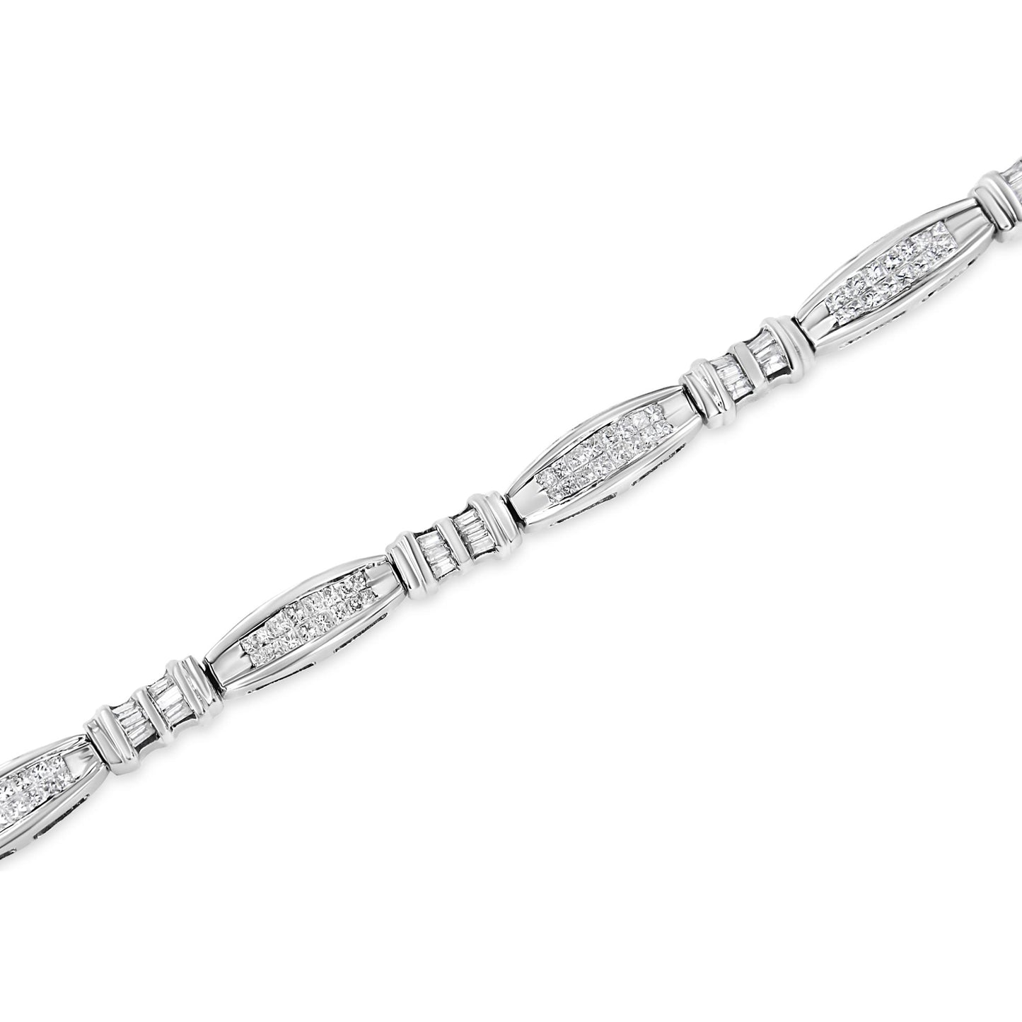 Diagonal close-up of a white metal bracelet featuring alternating sections with invisible-set princess shape white gemstones and channel-set baguette shape white gemstones.