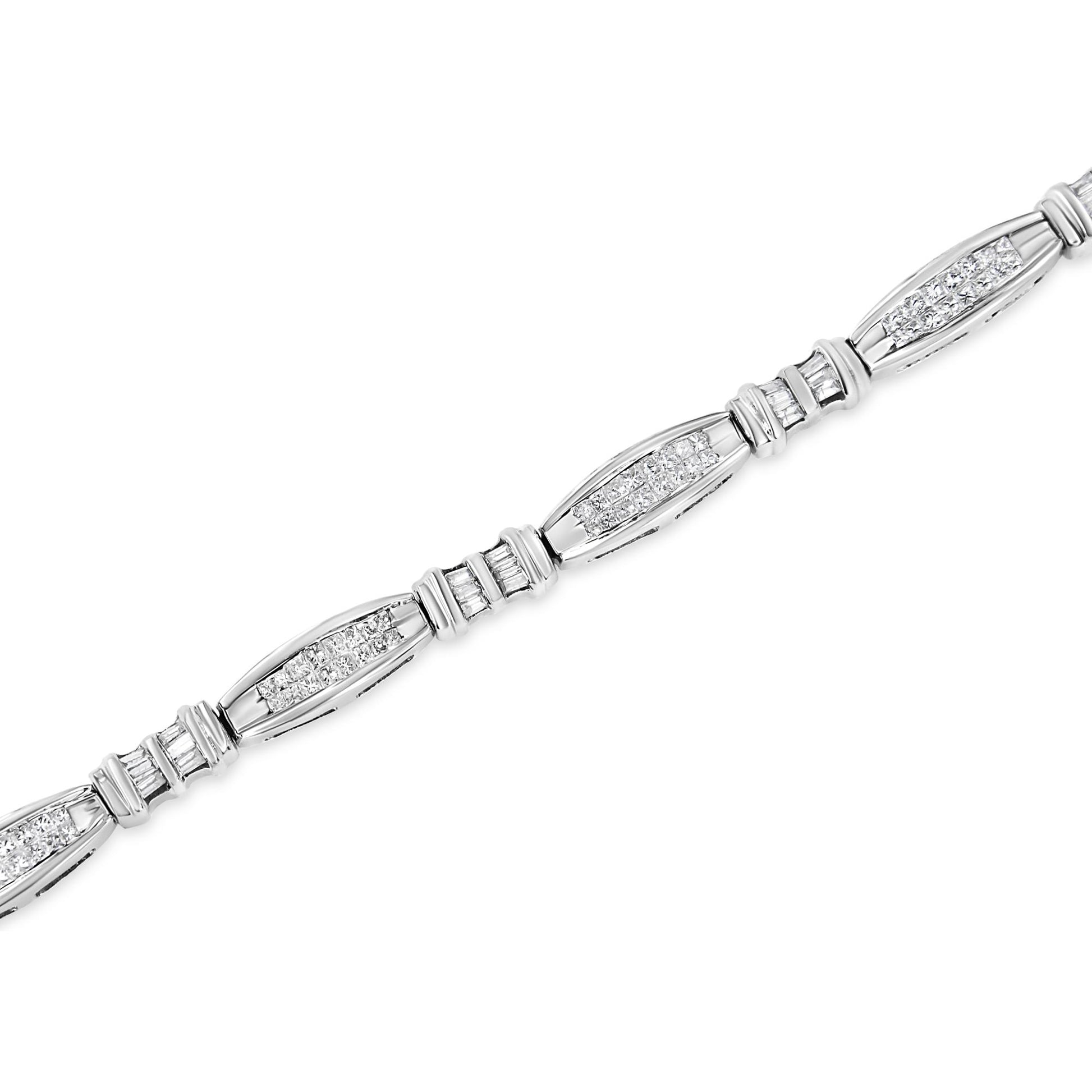 Diagonal close-up of a white metal bracelet featuring alternating sections with invisible-set princess shape white gemstones and channel-set baguette shape white gemstones.
