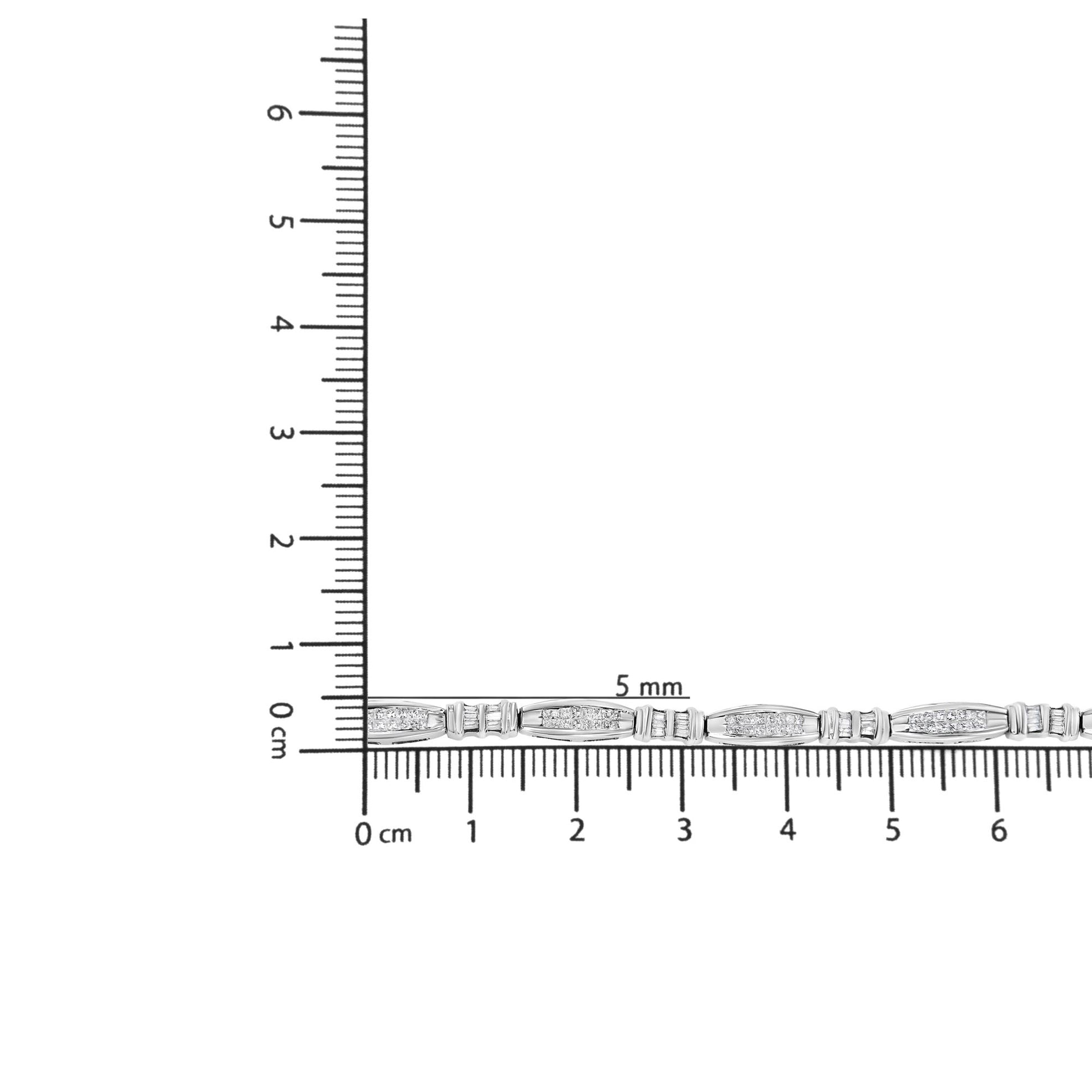 Close-up top view of a white metal bracelet with white gemstones in princess and baguette shapes, shown on a ruler for size reference.