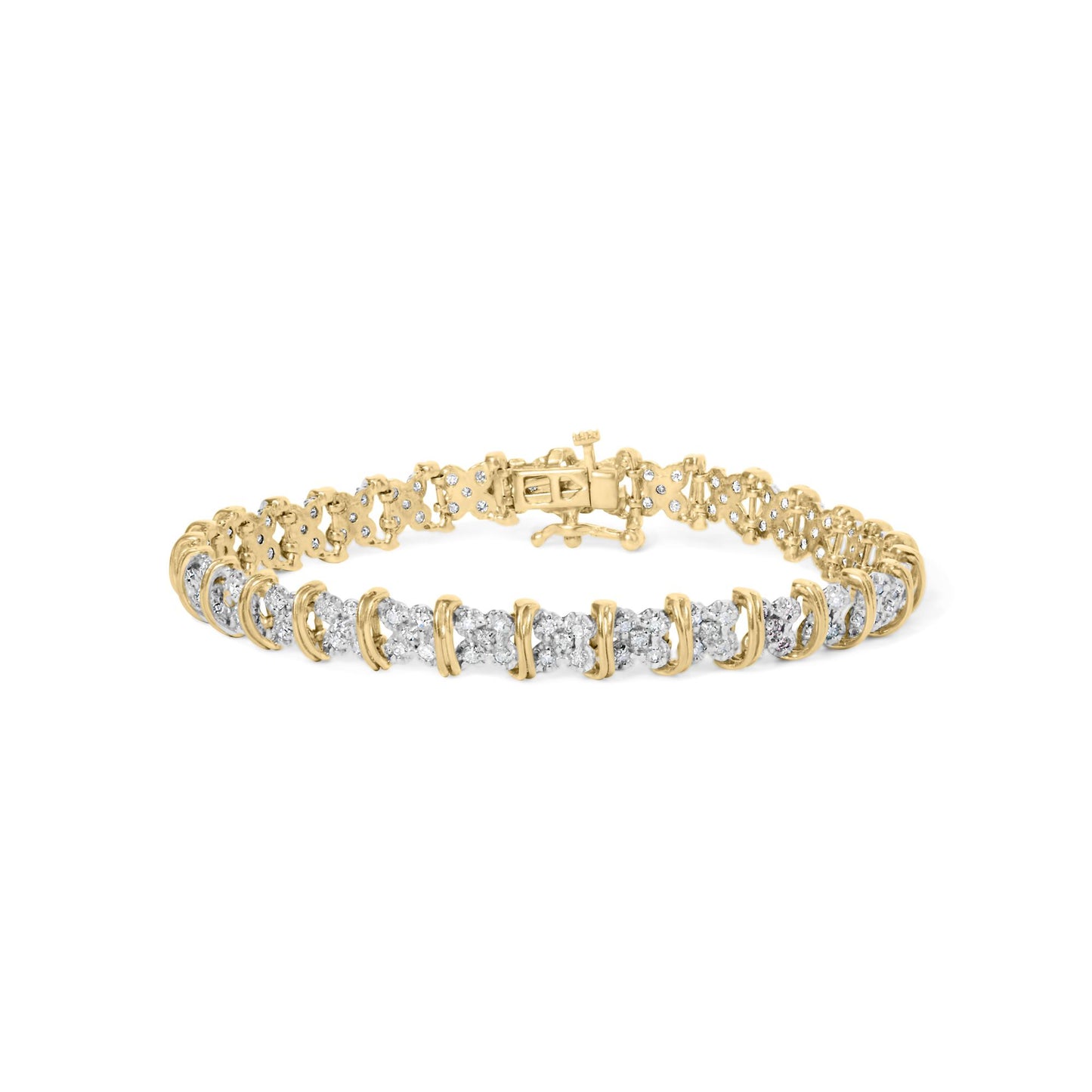 Yellow bracelet with round white gemstones in a pave setting, shown from a front angle on a white background.