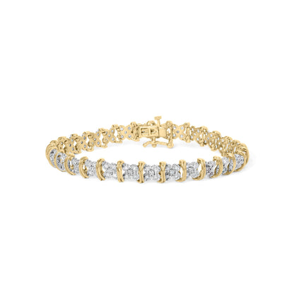 Yellow bracelet with round white gemstones in a pave setting, shown from a front angle on a white background.