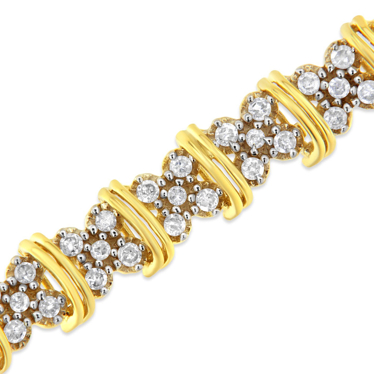 Close-up angled view of a yellow bracelet with multiple clusters of round white gemstones in pave setting, separated by polished yellow metal bands.