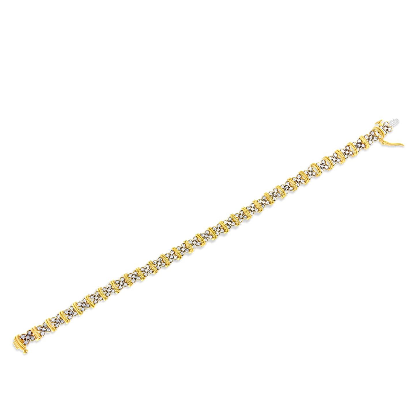 Yellow metal bracelet with alternating round white gemstones in pave setting, shown flat from a top-down angle.