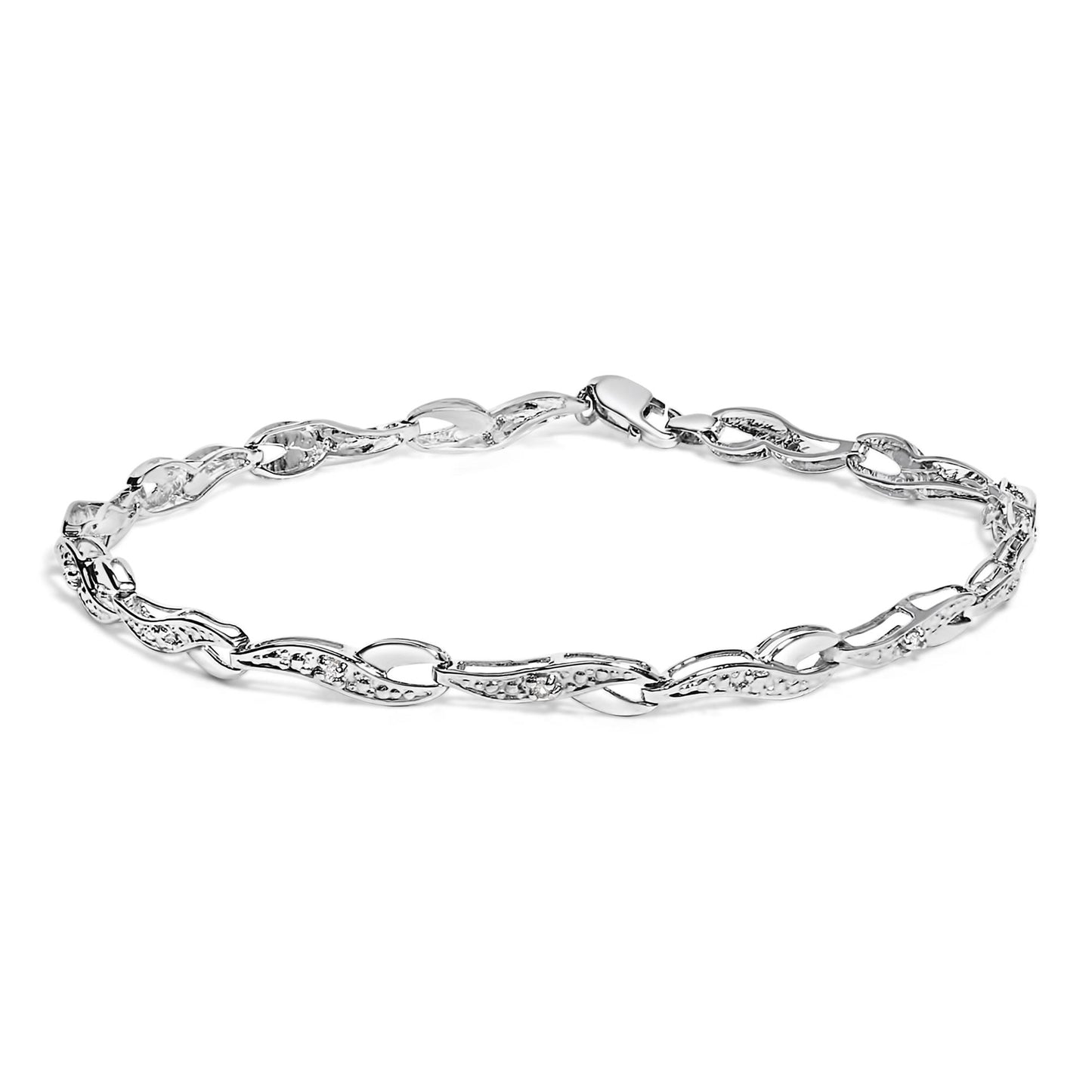 White metal bracelet with alternating twisted links set with round white gemstones in prong settings, shown from a top angle on a white background.