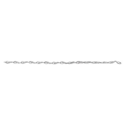 White metal bracelet with alternating curved links, some set with round white gemstones in prong settings, shown from a top-down angle on a white background.
