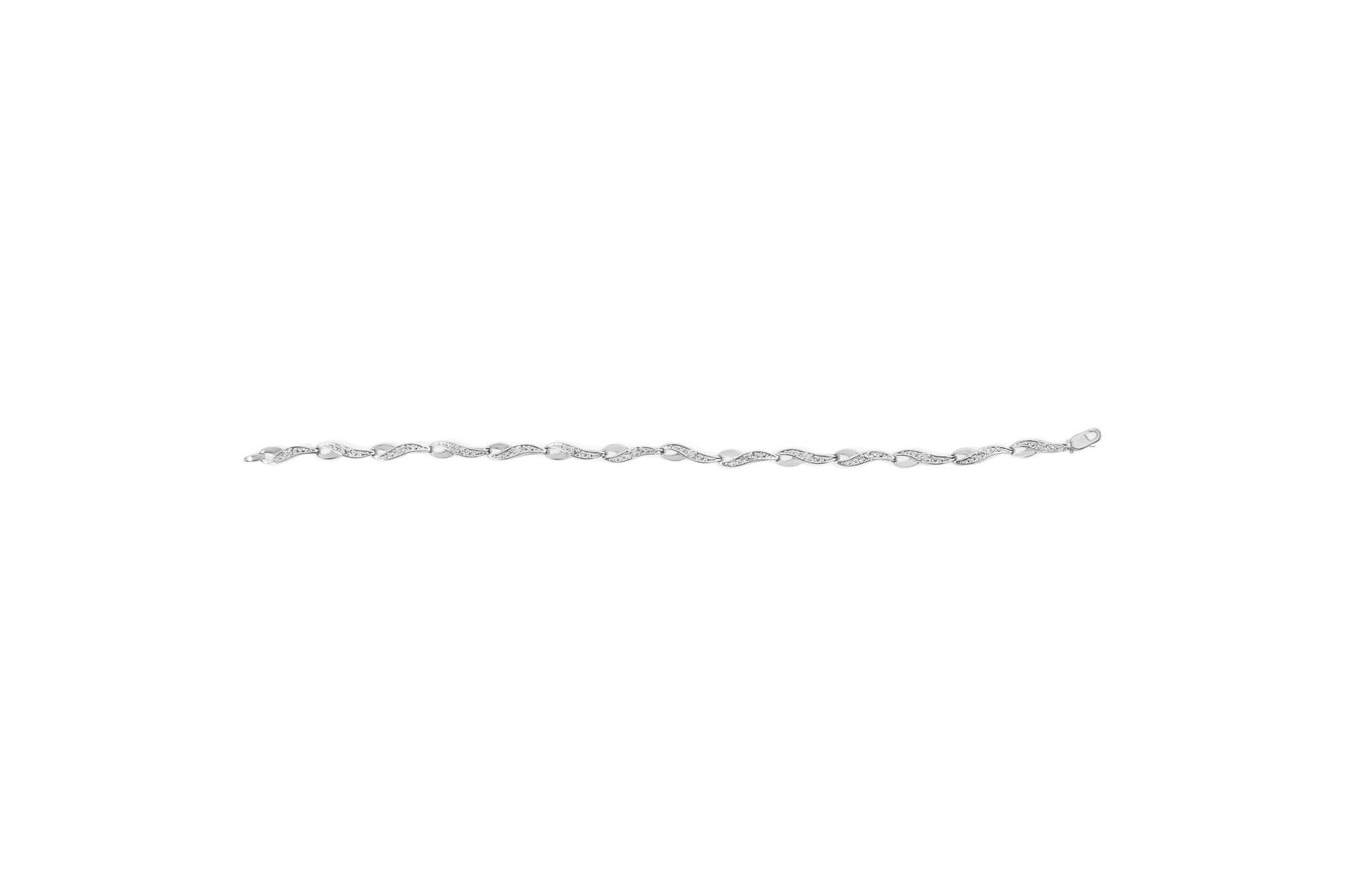 White metal bracelet with alternating smooth and white gemstone-studded links, shown flat from the front angle.