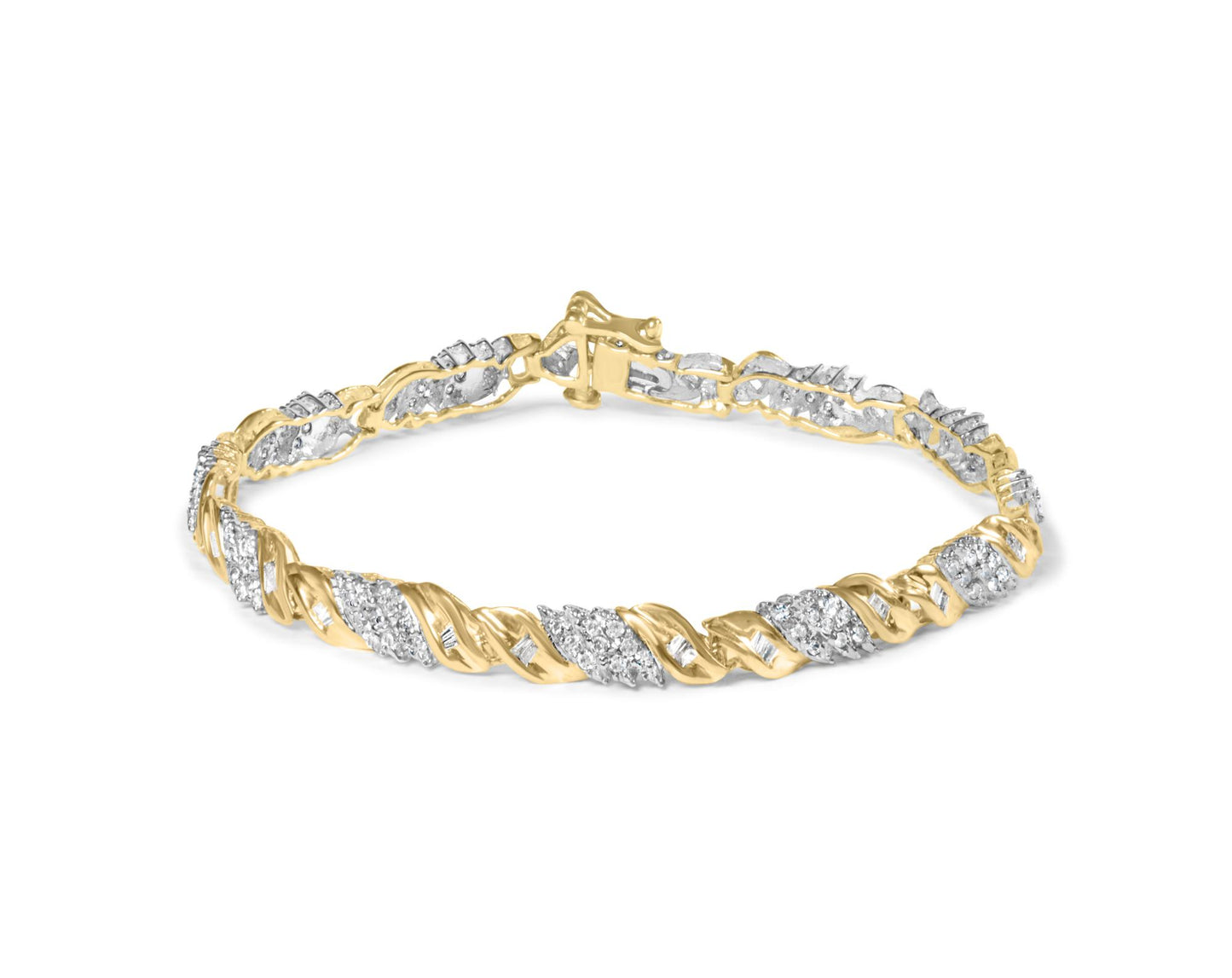 Yellow bracelet with alternating sections of round prong-set white gemstones and baguette channel-set white gemstones, shown at a slight angle on a white background.