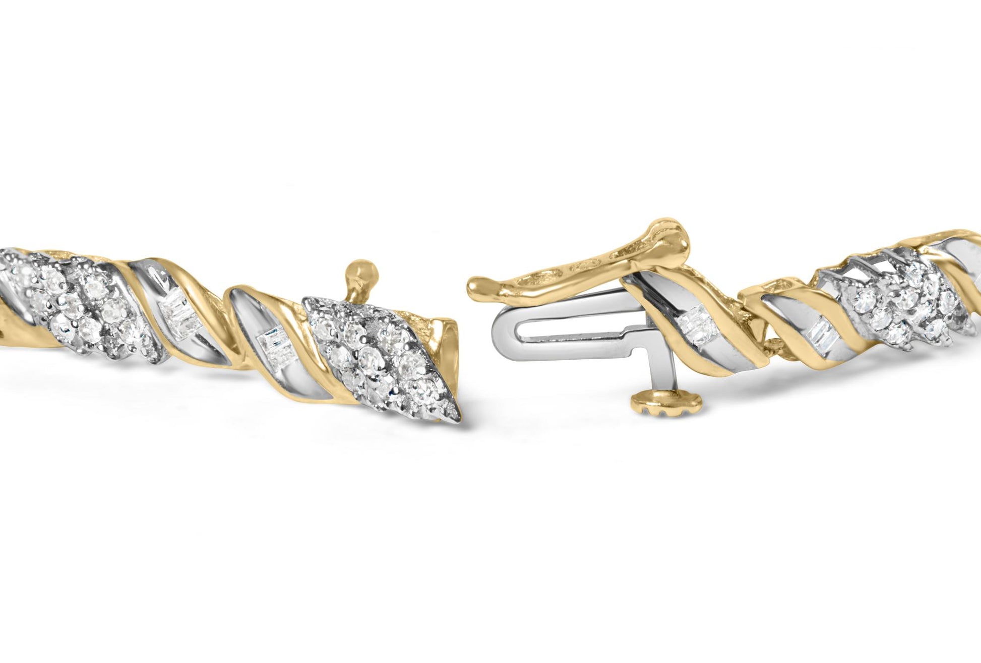 Close-up, front angle of a yellow bracelet with twisted design featuring round and baguette white gemstones in prong and channel settings.