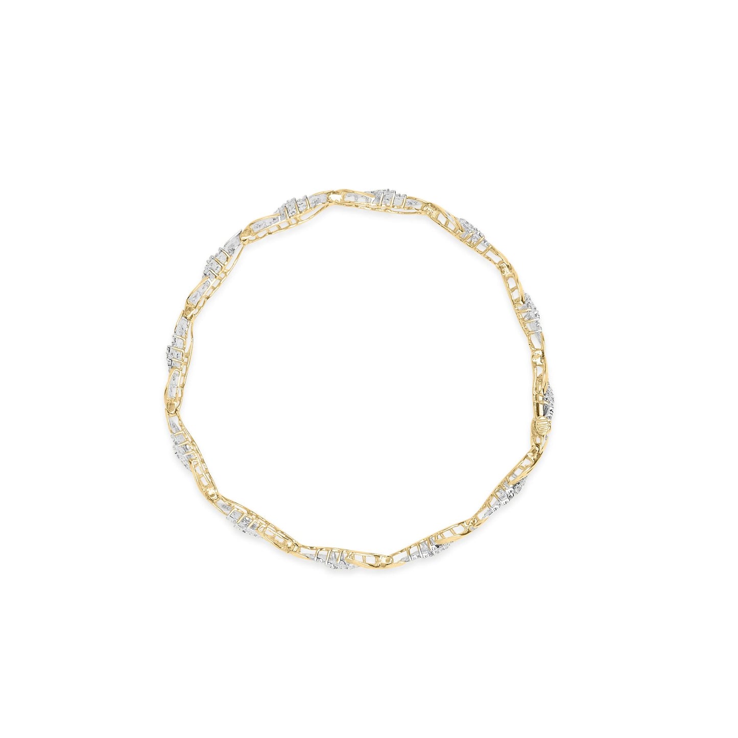 Top-down view of a yellow metal bracelet featuring alternating sections of round prong-set white gemstones and baguette channel-set white gemstones.