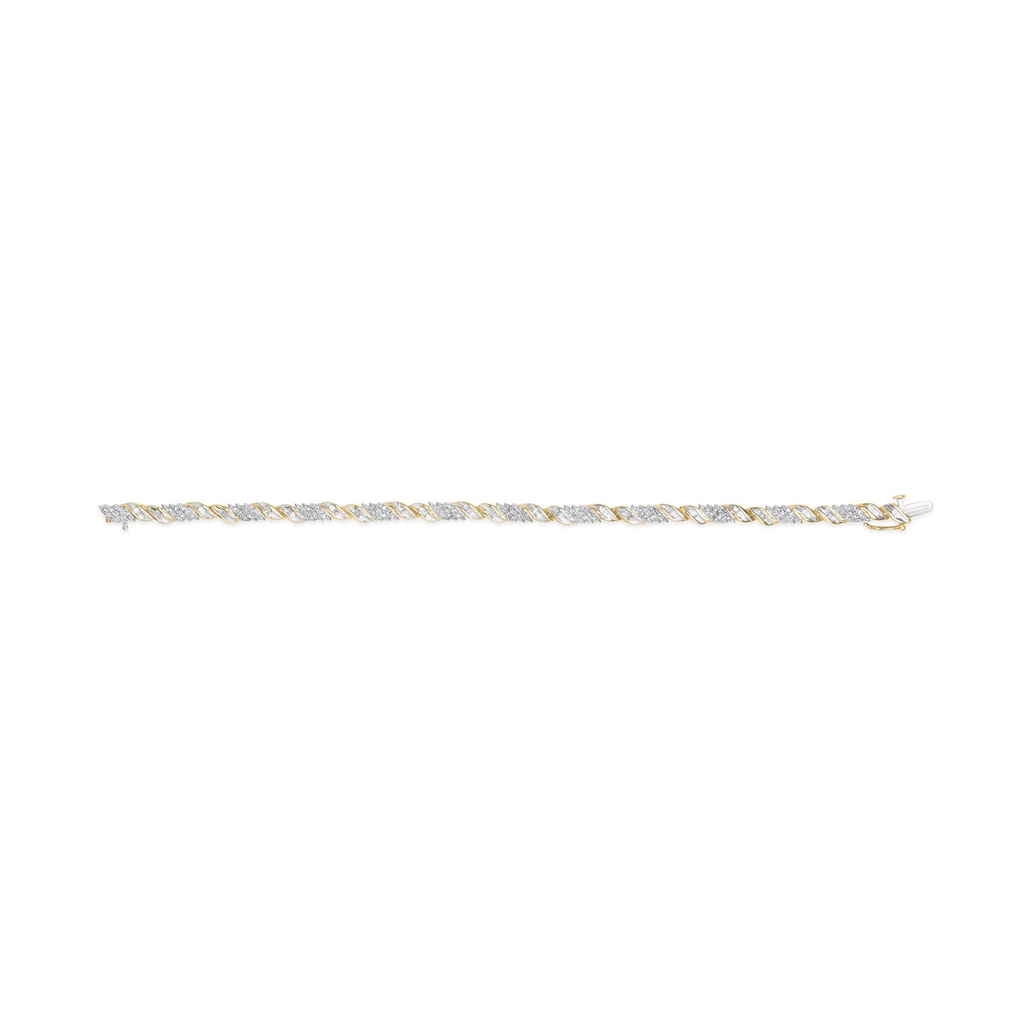 Yellow bracelet shown in a flat lay front angle, featuring alternating sections with round white gemstones in prong settings and sections with baguette white gemstones in channel settings.