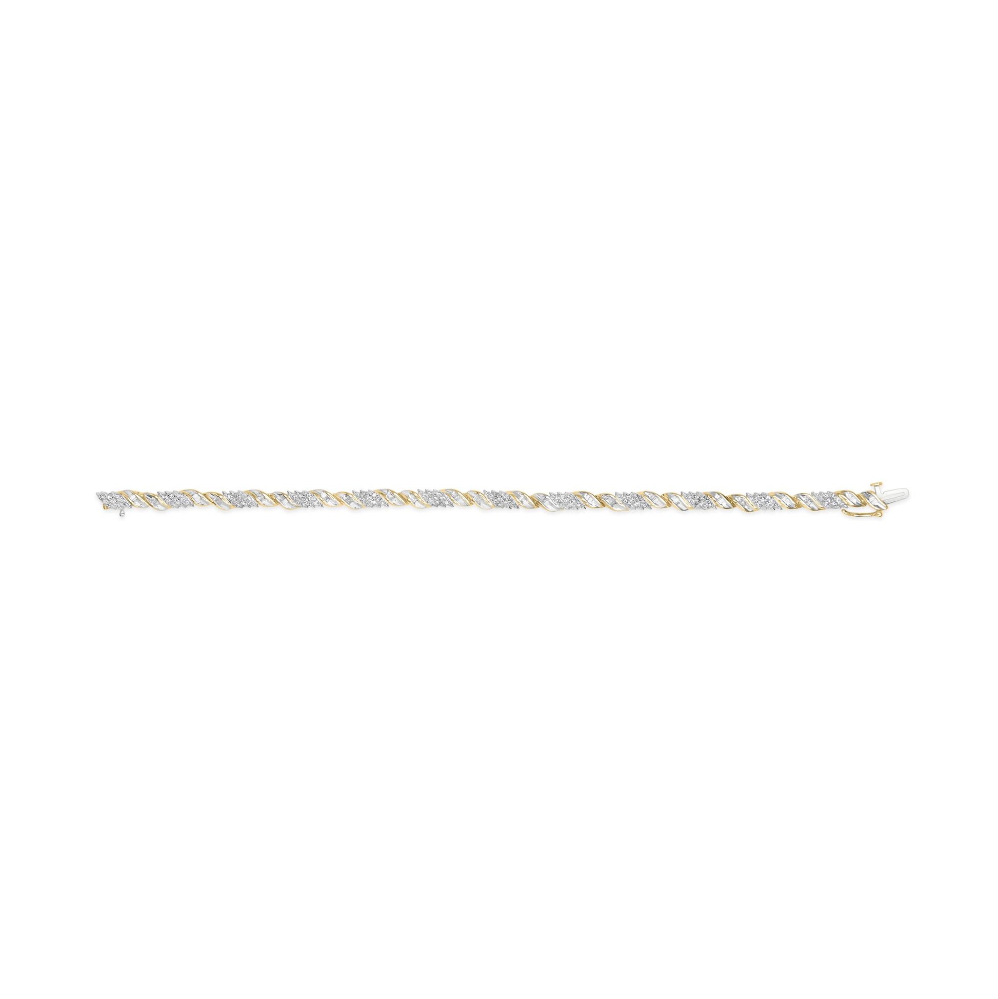 Yellow bracelet shown in a flat lay front angle, featuring alternating sections with round white gemstones in prong settings and sections with baguette white gemstones in channel settings.