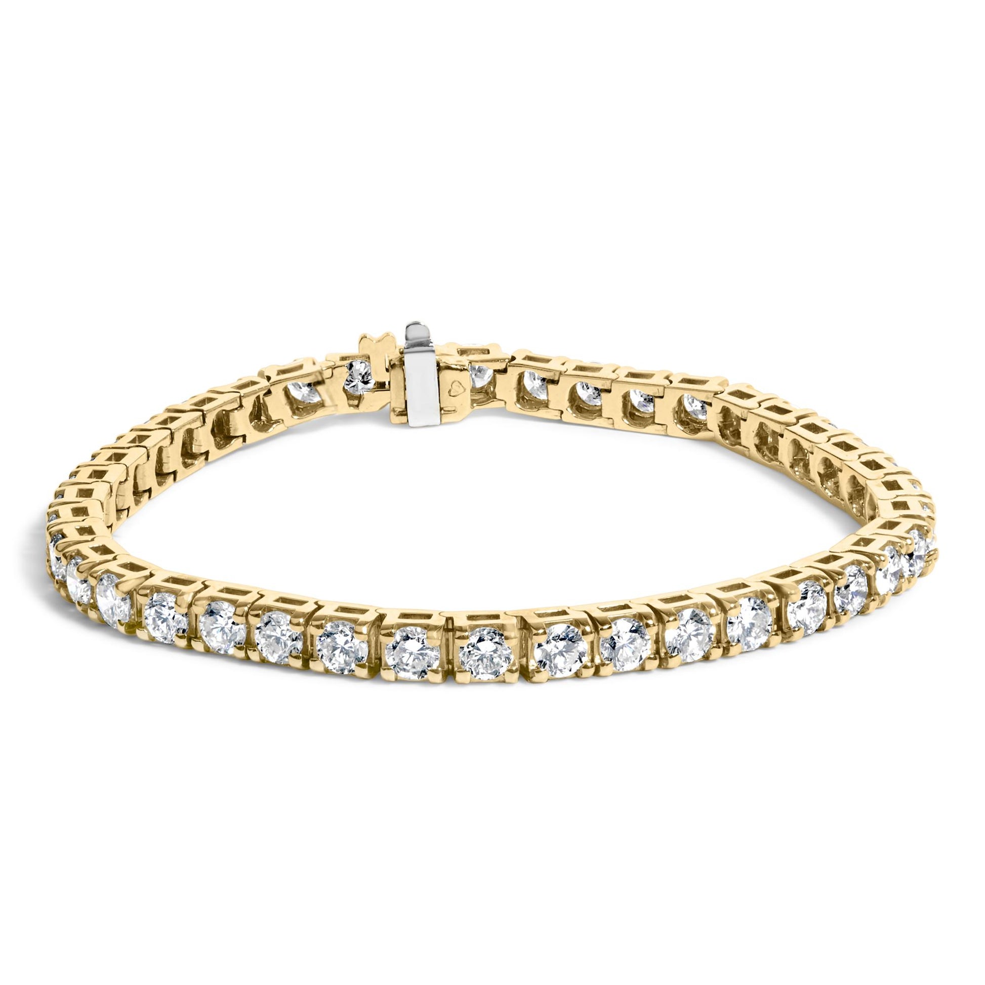 Close-up front angle of a yellow bracelet set with round white gemstones in prong settings, displayed on a white background.