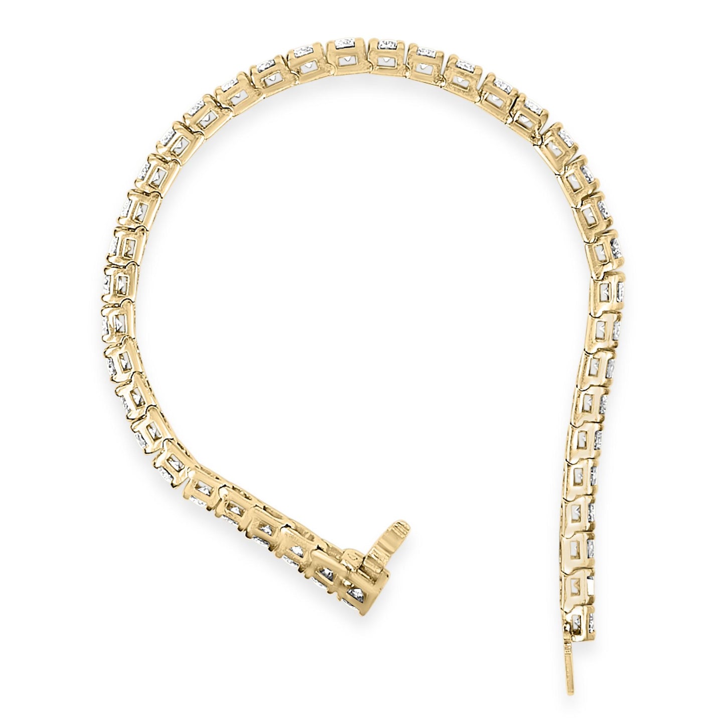 Top-down view of a yellow metal bracelet with linked square-shaped sections, each set with a prong-set white round gemstone, shown partially open against a white background.