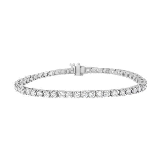 Bracelet with round white gemstones in prong settings, shown from a front angle.