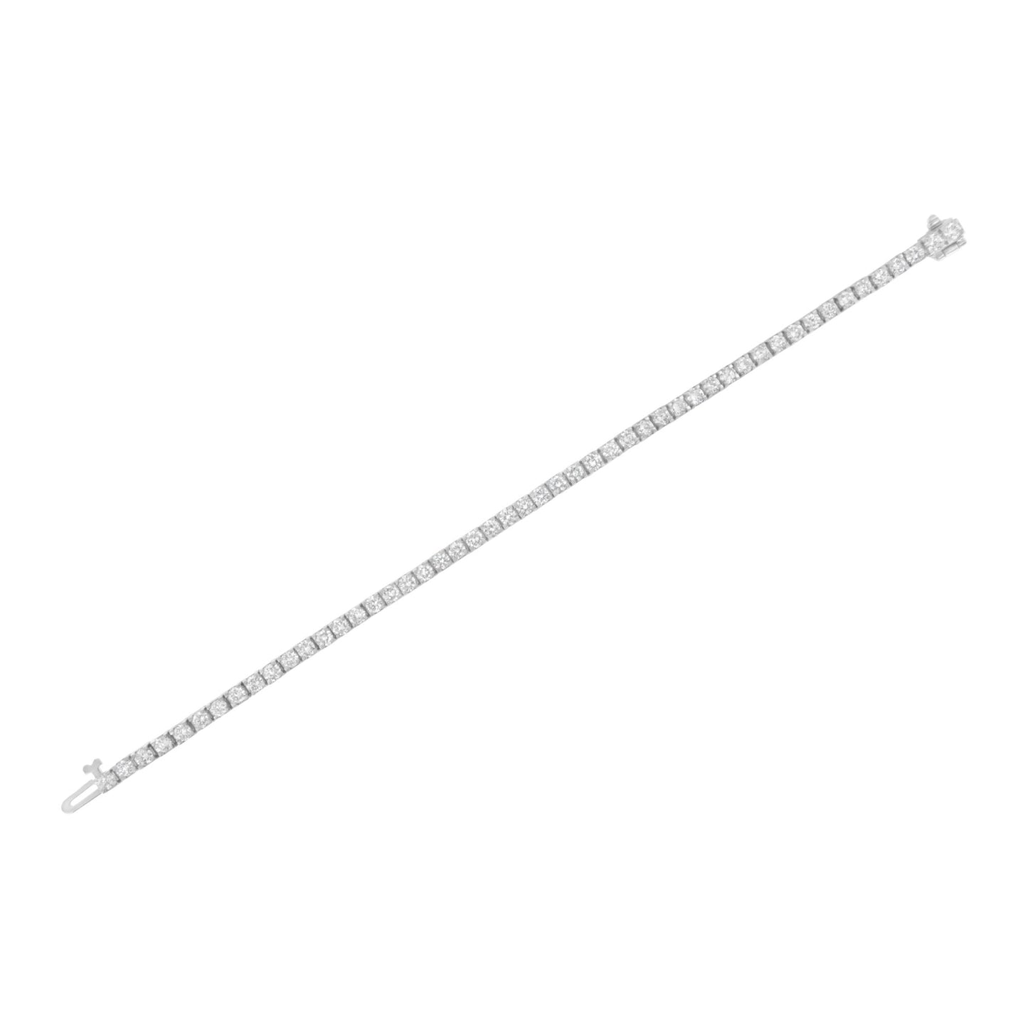 White metal bracelet with round white gemstones in prong settings, shown flat at a slight diagonal angle on a white background.