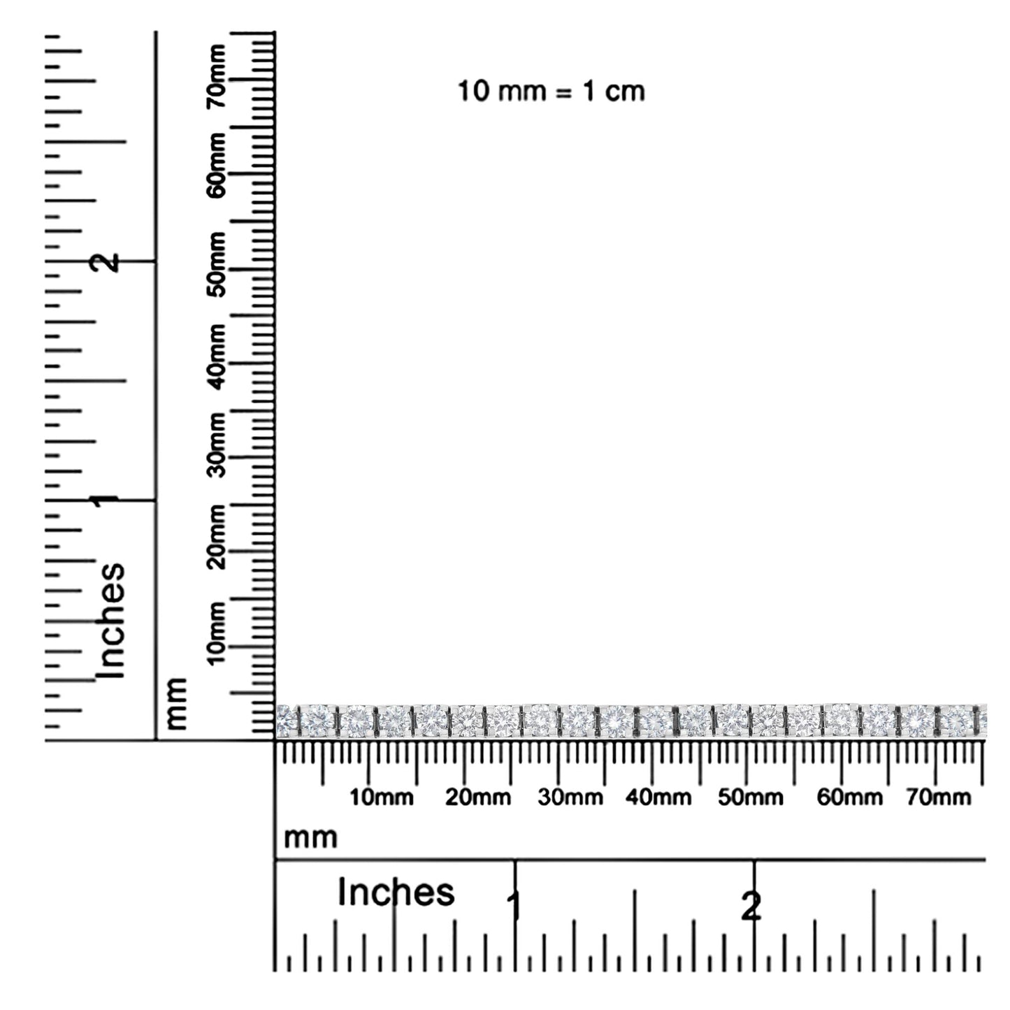 Top-down view of a white metal bracelet with round white gemstones in prong settings, placed on rulers for size reference.