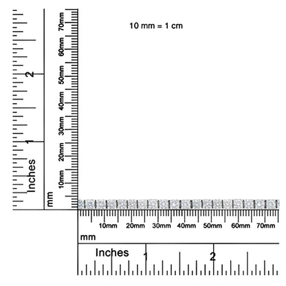 Top-down view of a white metal bracelet with round white gemstones in prong settings, placed on rulers for size reference.