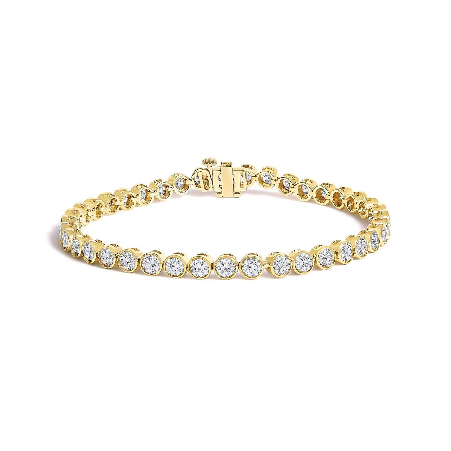 Close-up front angle of a yellow bracelet featuring round white gemstones in bezel settings along its entire length, shown partially open on a white background.