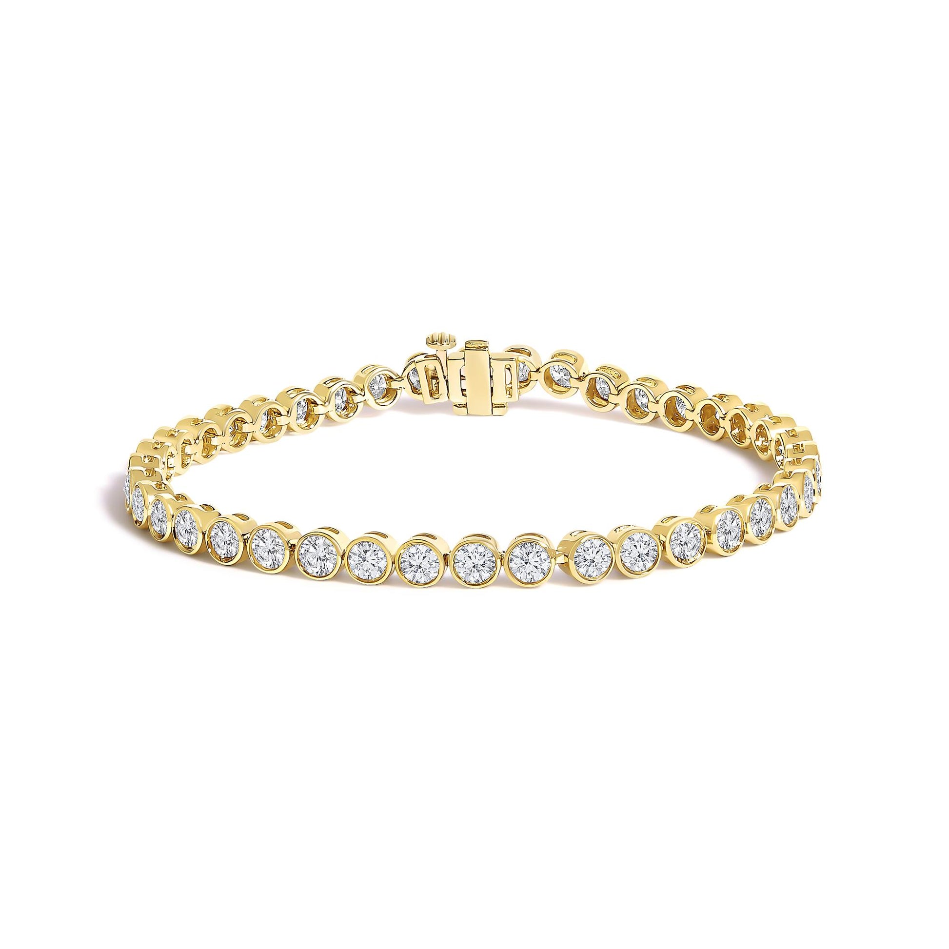 Close-up front angle of a yellow bracelet featuring round white gemstones in bezel settings along its entire length, shown partially open on a white background.