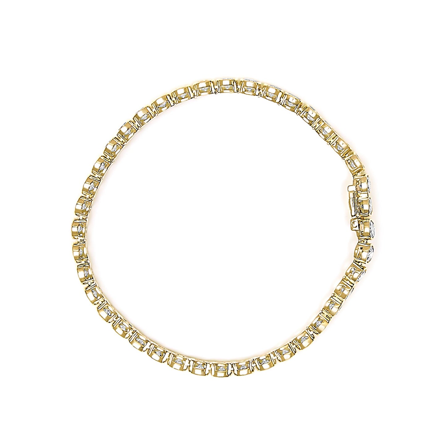 Close-up top view of a yellow bracelet with round white gemstones in bezel settings forming a continuous pattern.