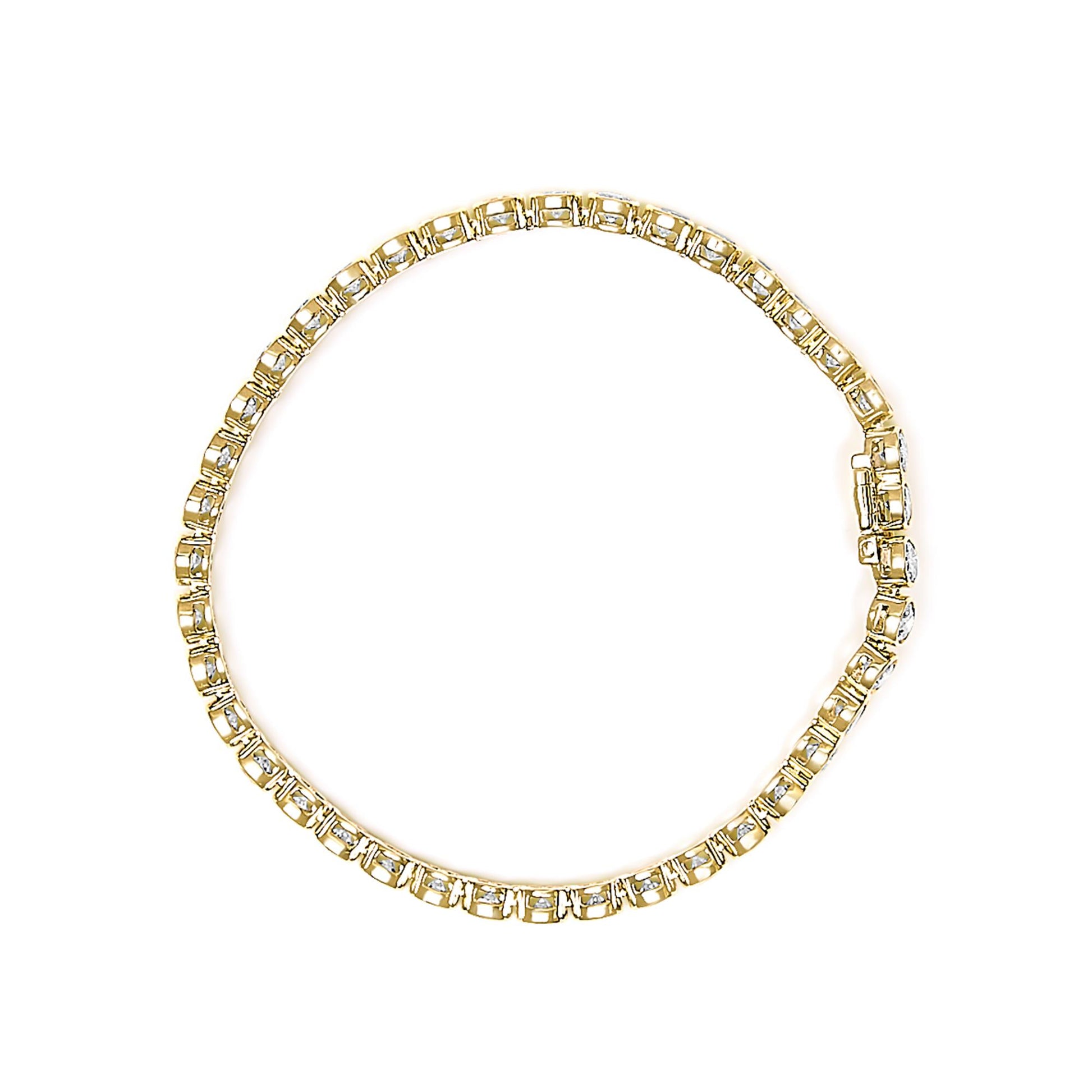 Close-up top view of a yellow bracelet with round white gemstones in bezel settings forming a continuous pattern.