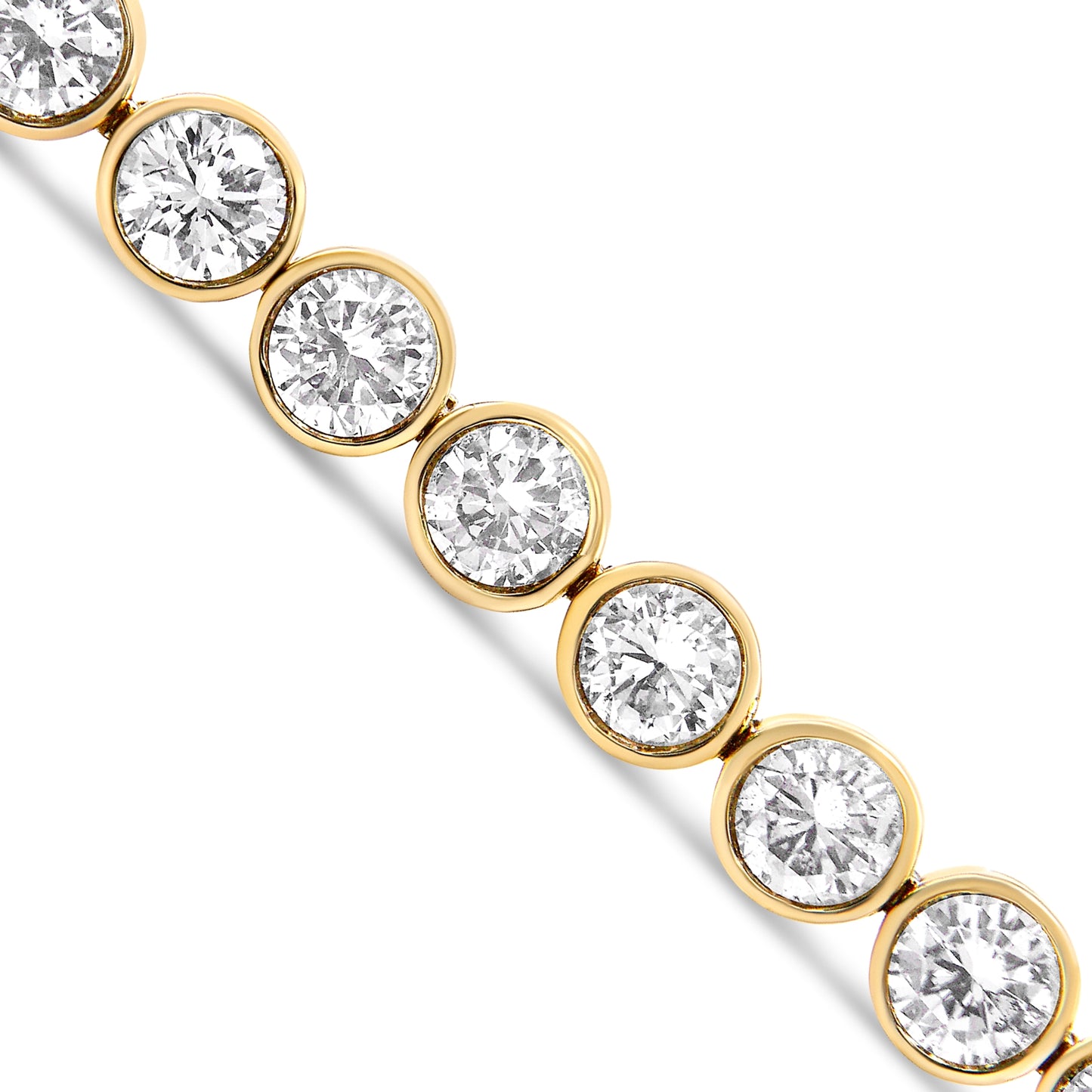 Close-up angled shot of a yellow metal bracelet featuring round white gemstones in bezel settings.