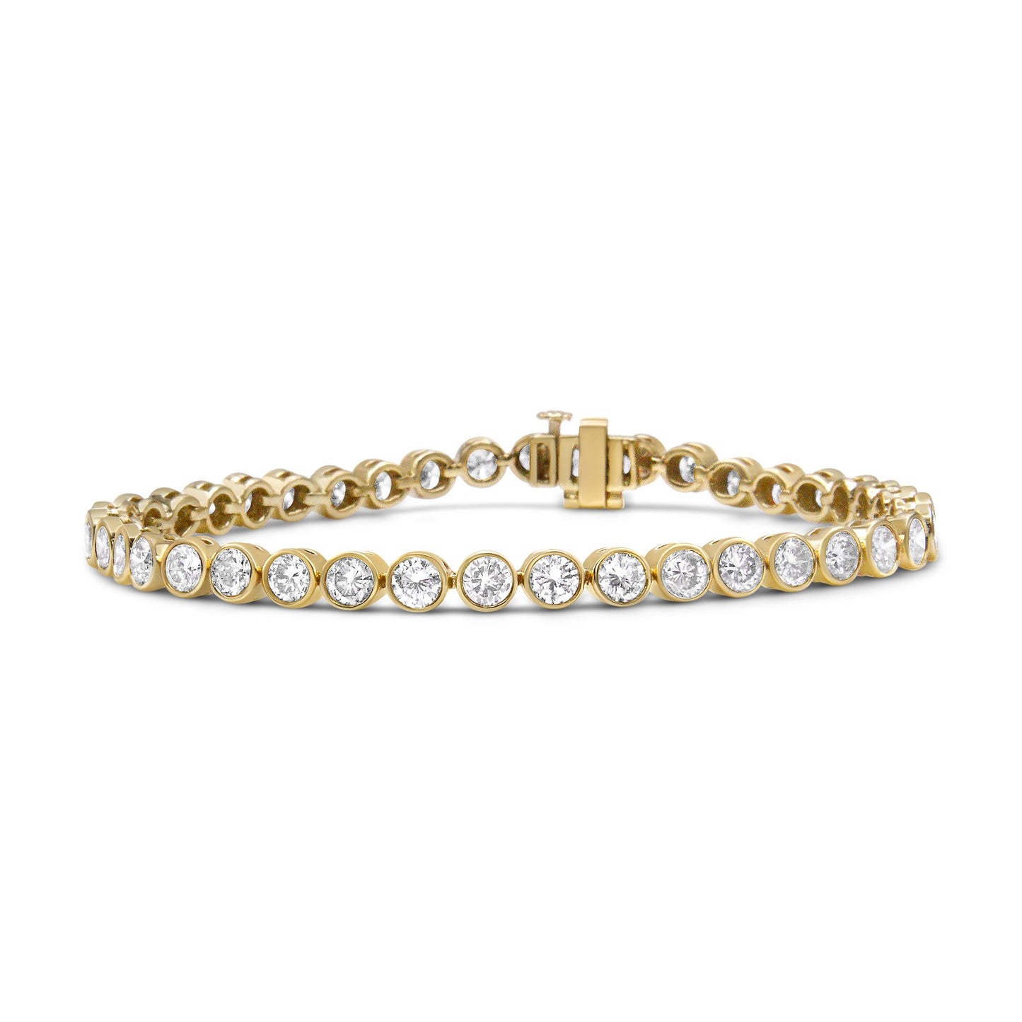 Close-up front angle of a yellow bracelet with round white gemstones in bezel settings linked in a continuous pattern, shown flat on a white background.