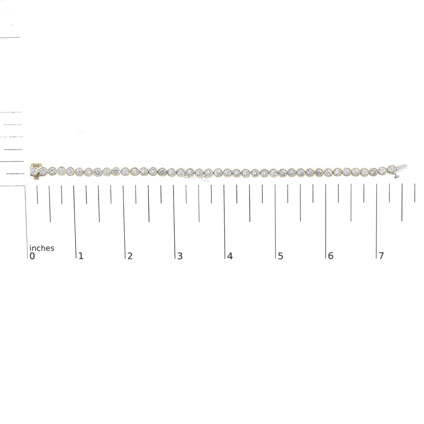 Yellow bracelet with round white gemstones in bezel settings, shown on a scale, front view.