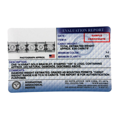 White bracelet with round white gemstones in a channel setting, shown in a close-up image on a certification card.