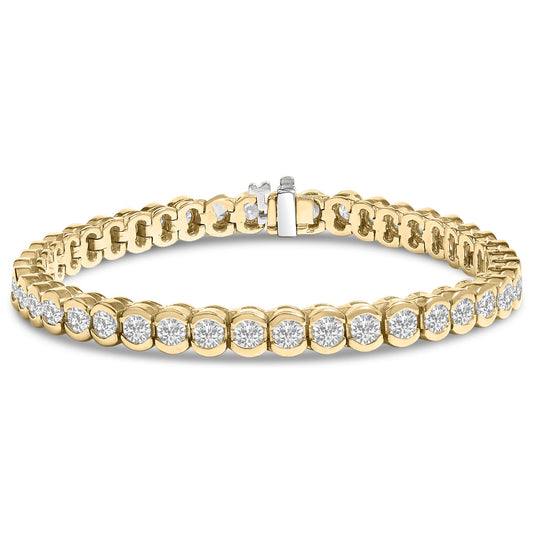 Yellow bracelet with round white gemstones in bezel settings, shown from a slightly elevated front angle.