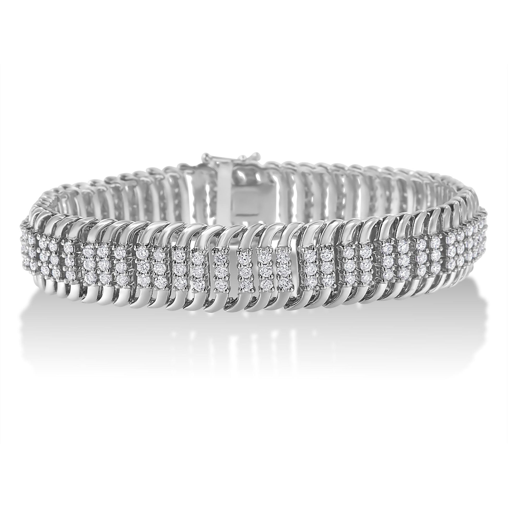 White metal bracelet with multiple rows of round white gemstones in prong settings, shown from a front angle on a white background.