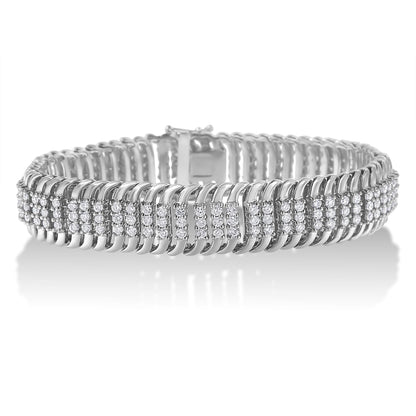 White metal bracelet with multiple rows of round white gemstones in prong settings, shown from a front angle on a white background.