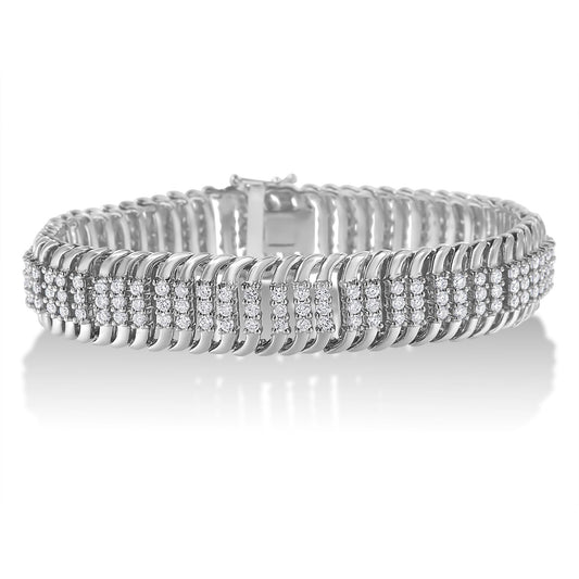 White metal bracelet with multiple rows of round white gemstones in prong settings, shown from a front angle on a white background.