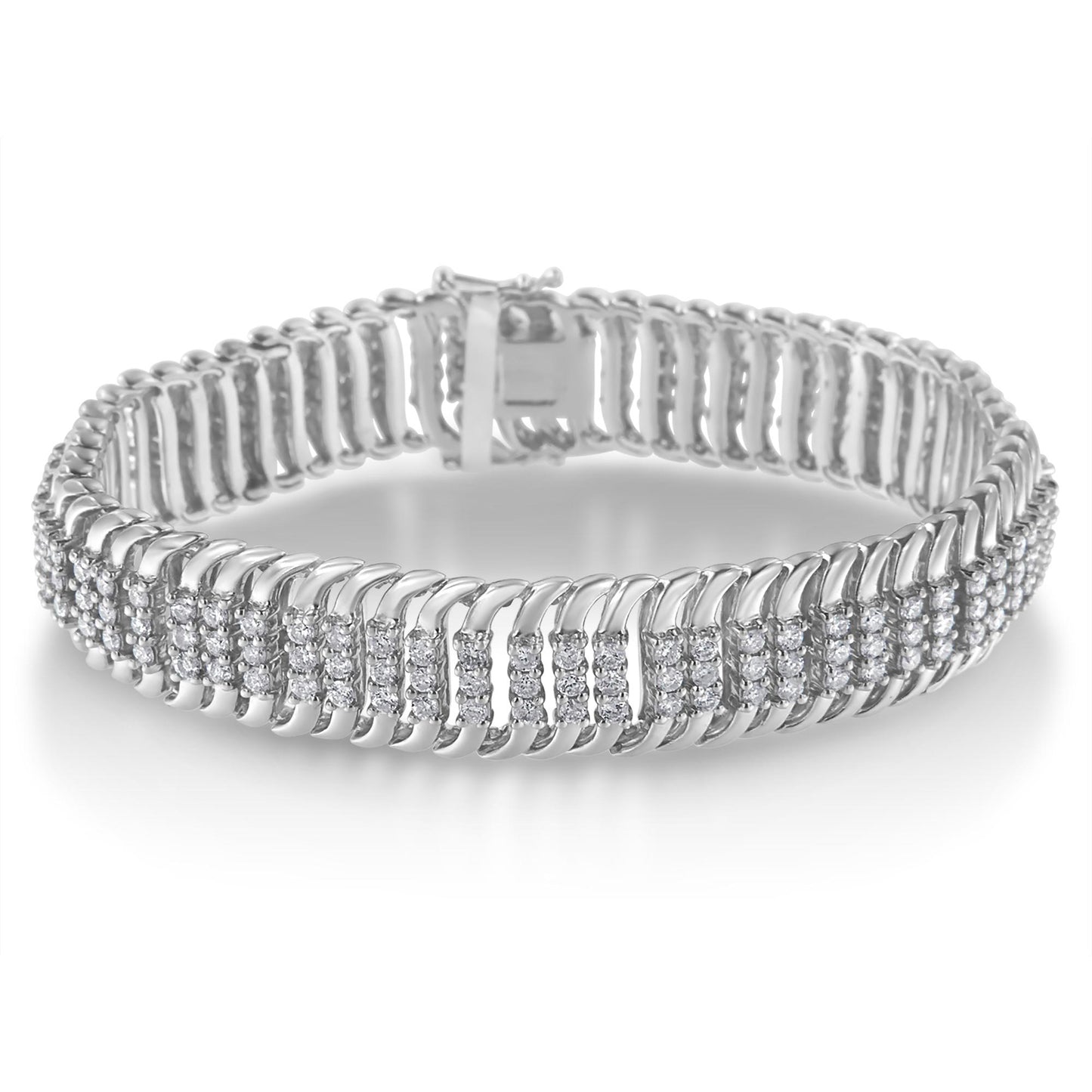 White metal bracelet with multiple rows of round white gemstones in prong settings, shown from a front angle.