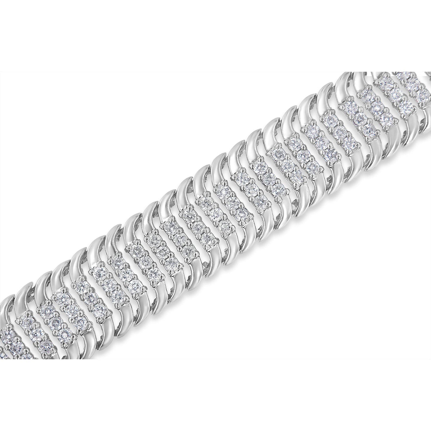 Close-up angled view of a white metal bracelet featuring alternating curved links and rows of round white gemstones in prong settings.