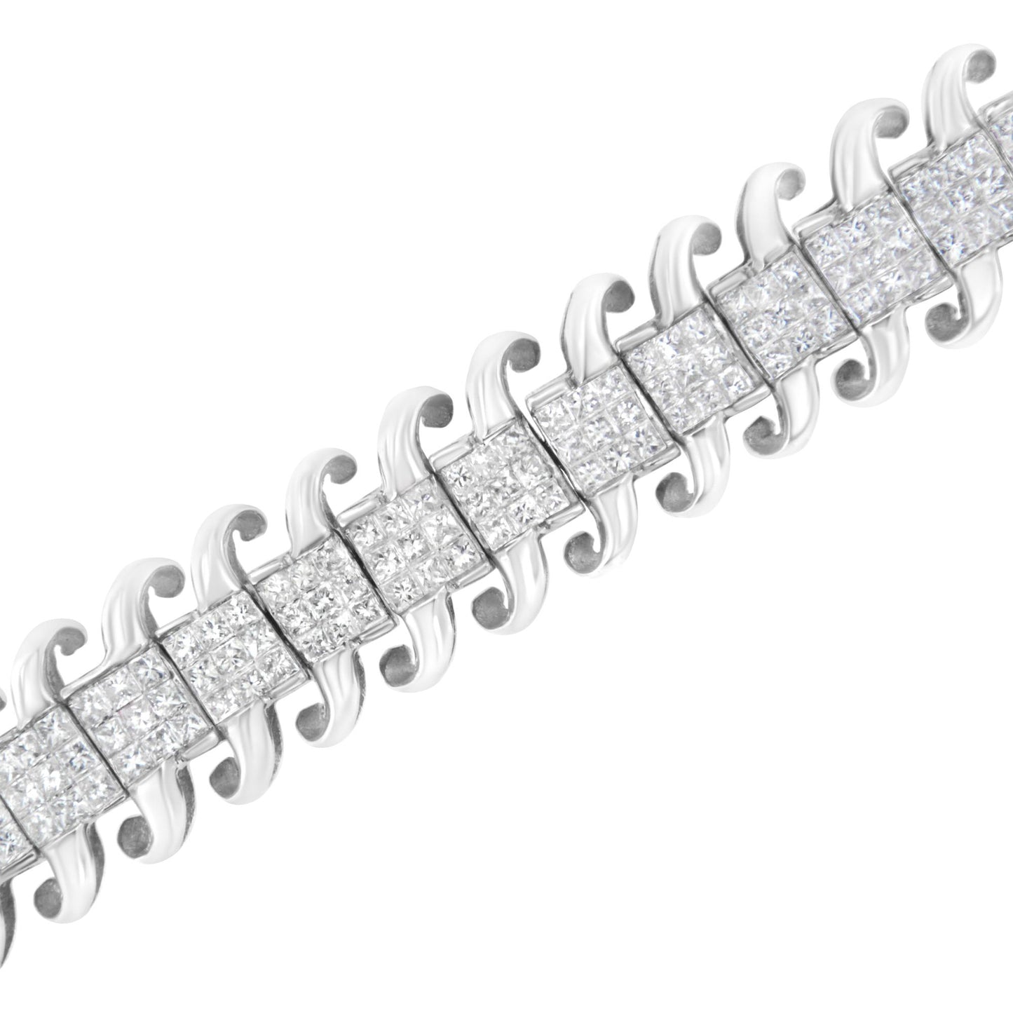 Diagonal close-up of a white metal bracelet featuring square link segments with clusters of white gemstones in an invisible setting.