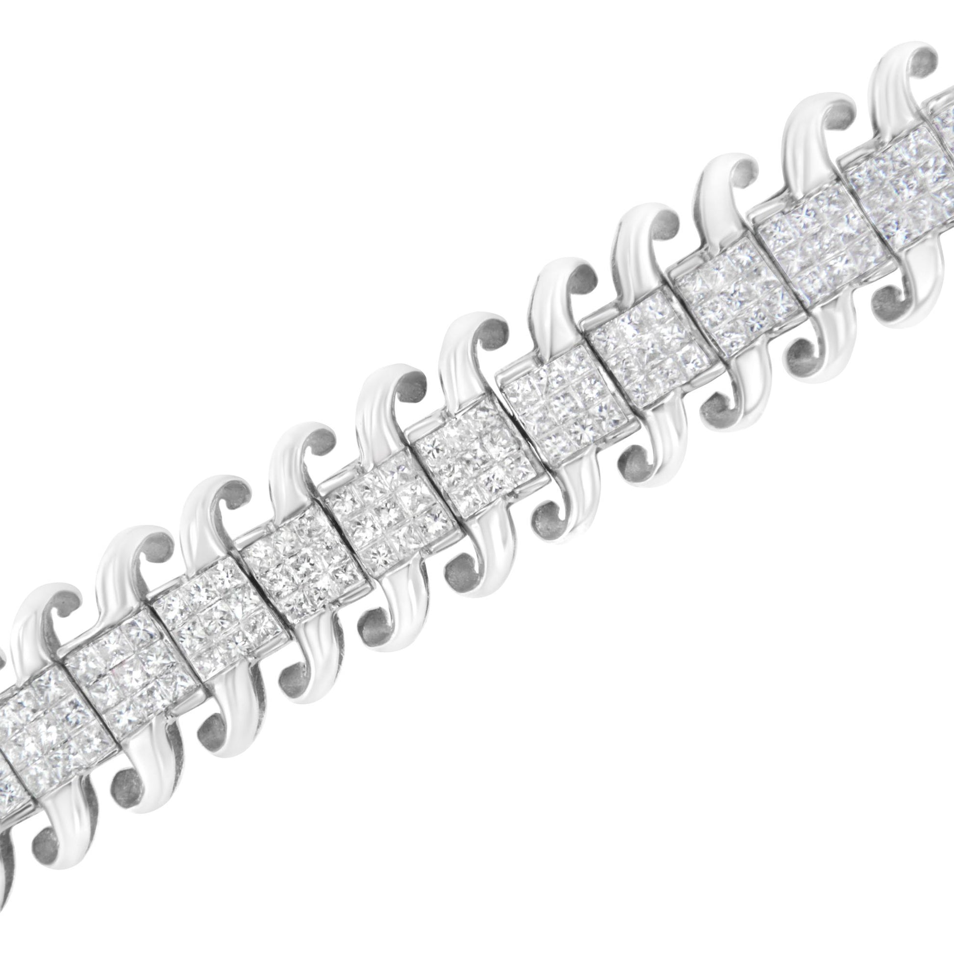 Diagonal close-up of a white metal bracelet featuring square link segments with clusters of white gemstones in an invisible setting.