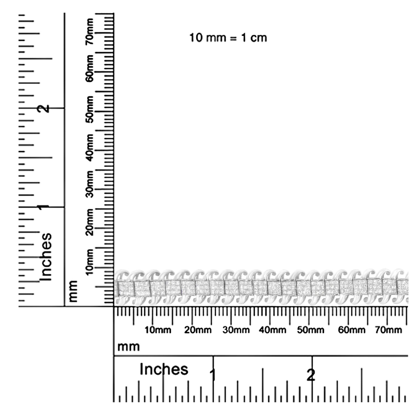 Close-up of a white metal bracelet with princess-shaped white gemstones in invisible setting, displayed on a ruler for size reference.