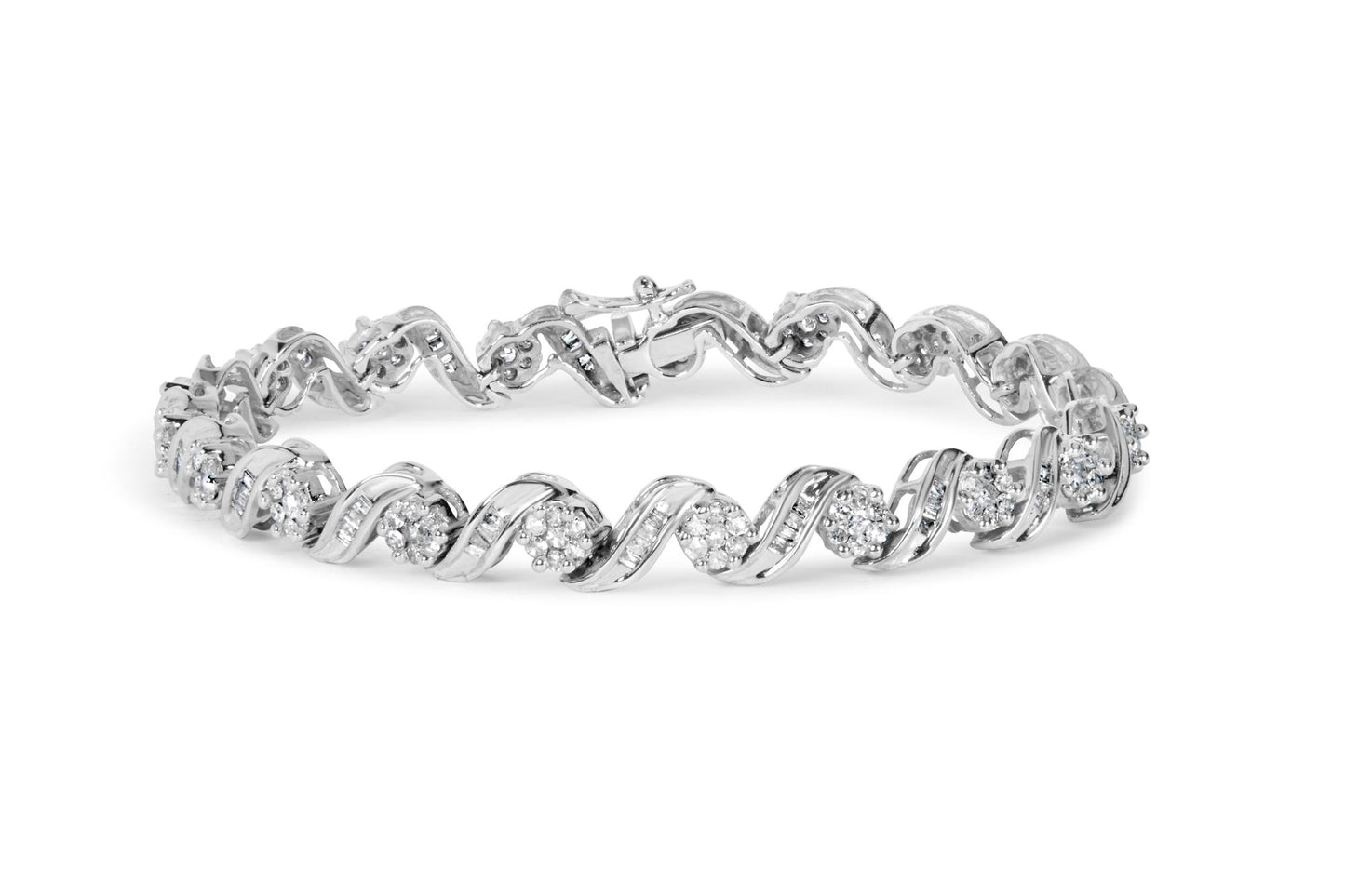 White metal bracelet with twisting design featuring round and baguette white gemstones, shown in a front angled close-up.