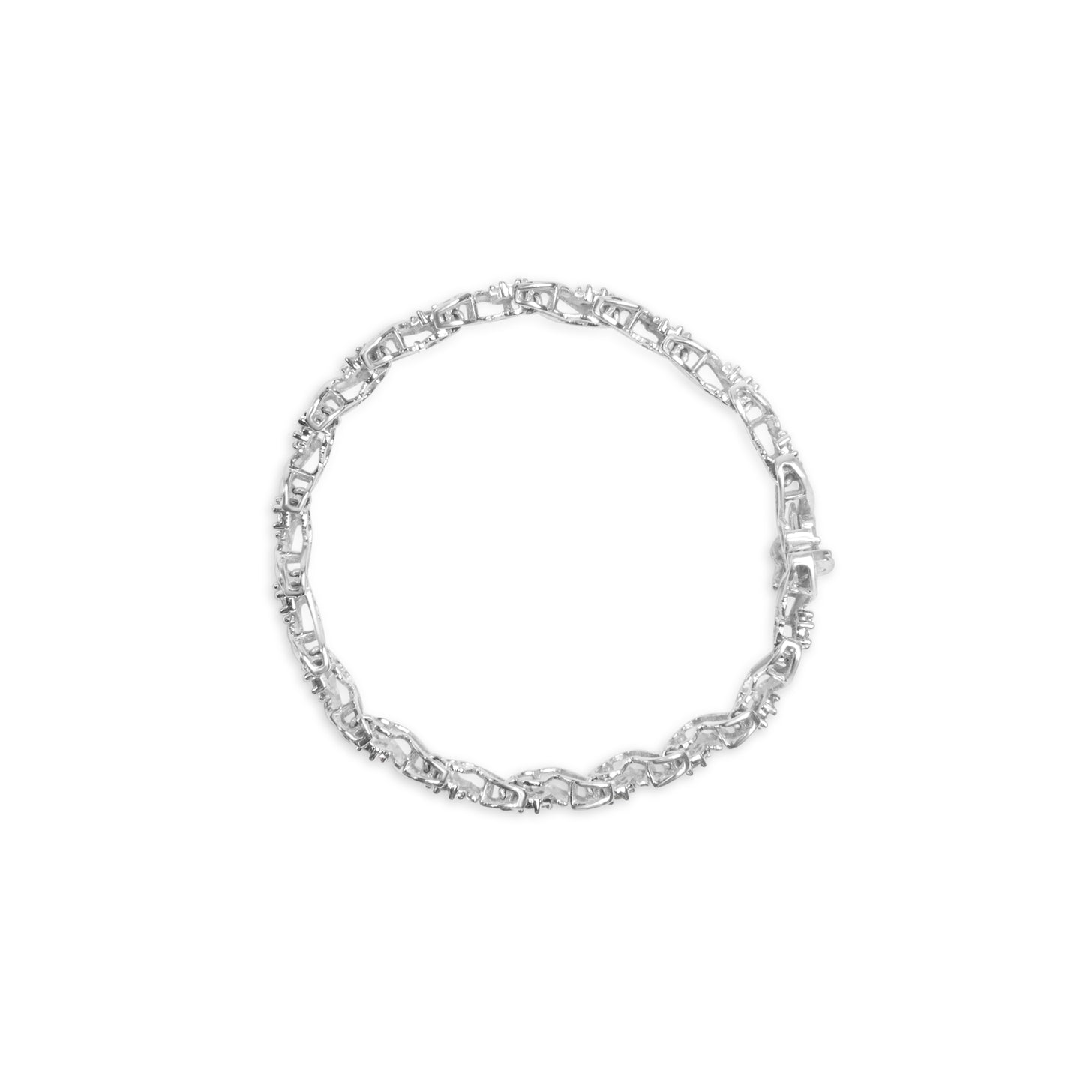 Top-down view of a white metal bracelet featuring round prong-set white gemstones and baguette channel-set white gemstones arranged in an interlocking chain design.