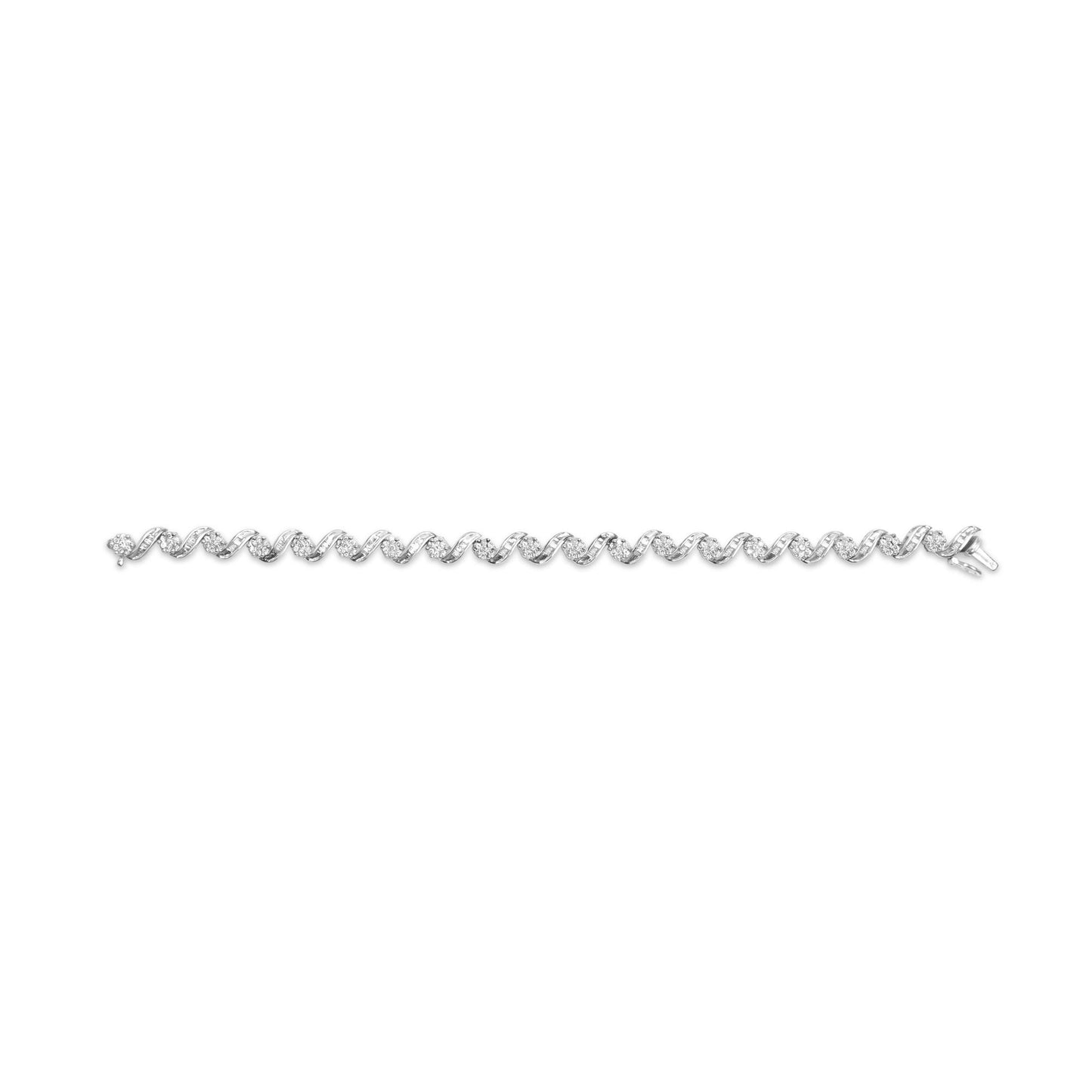 Straight-on shot of a white metal bracelet featuring an alternating twisted design with round prong-set white gemstones and baguette channel-set white gemstones.