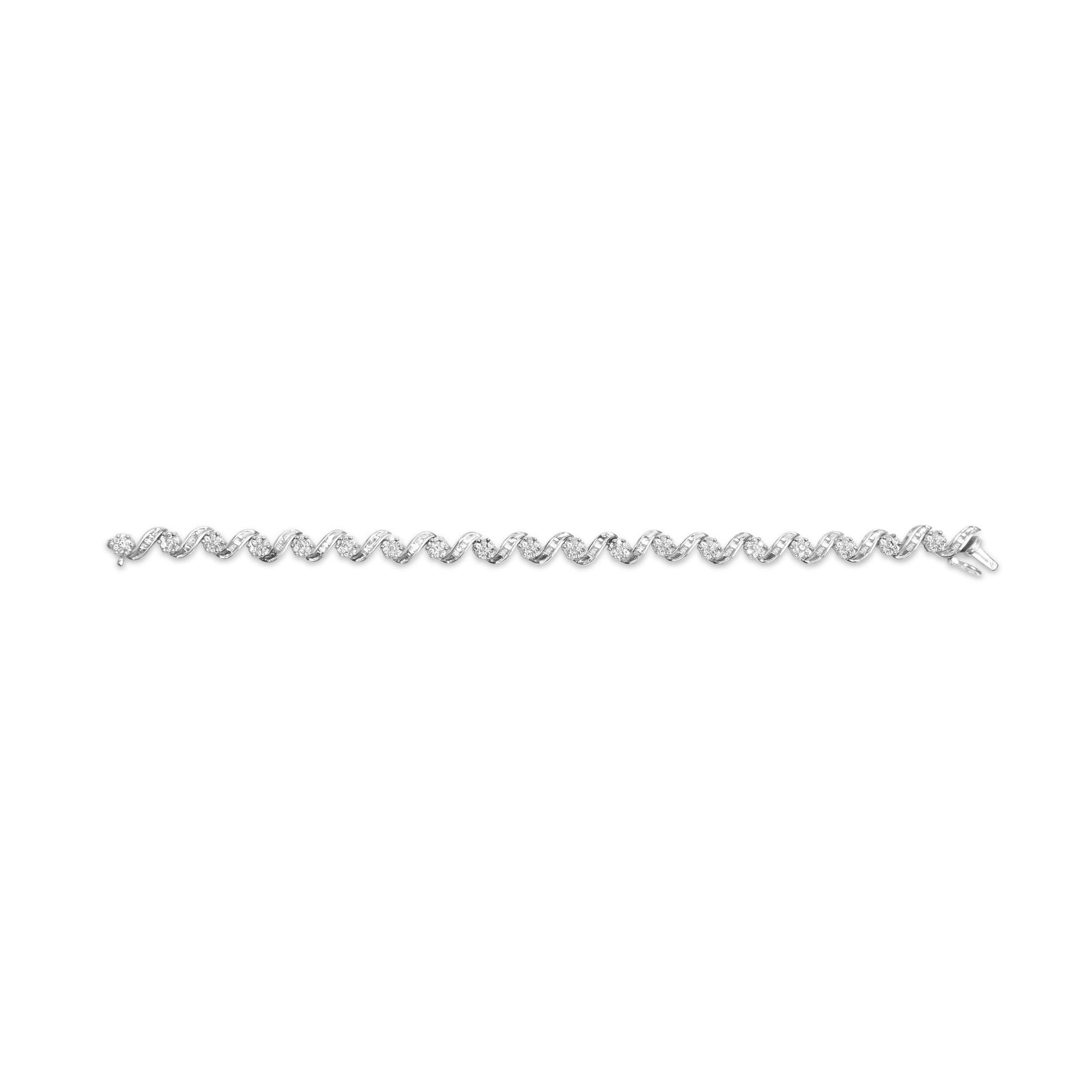 Straight-on shot of a white metal bracelet featuring an alternating twisted design with round prong-set white gemstones and baguette channel-set white gemstones.