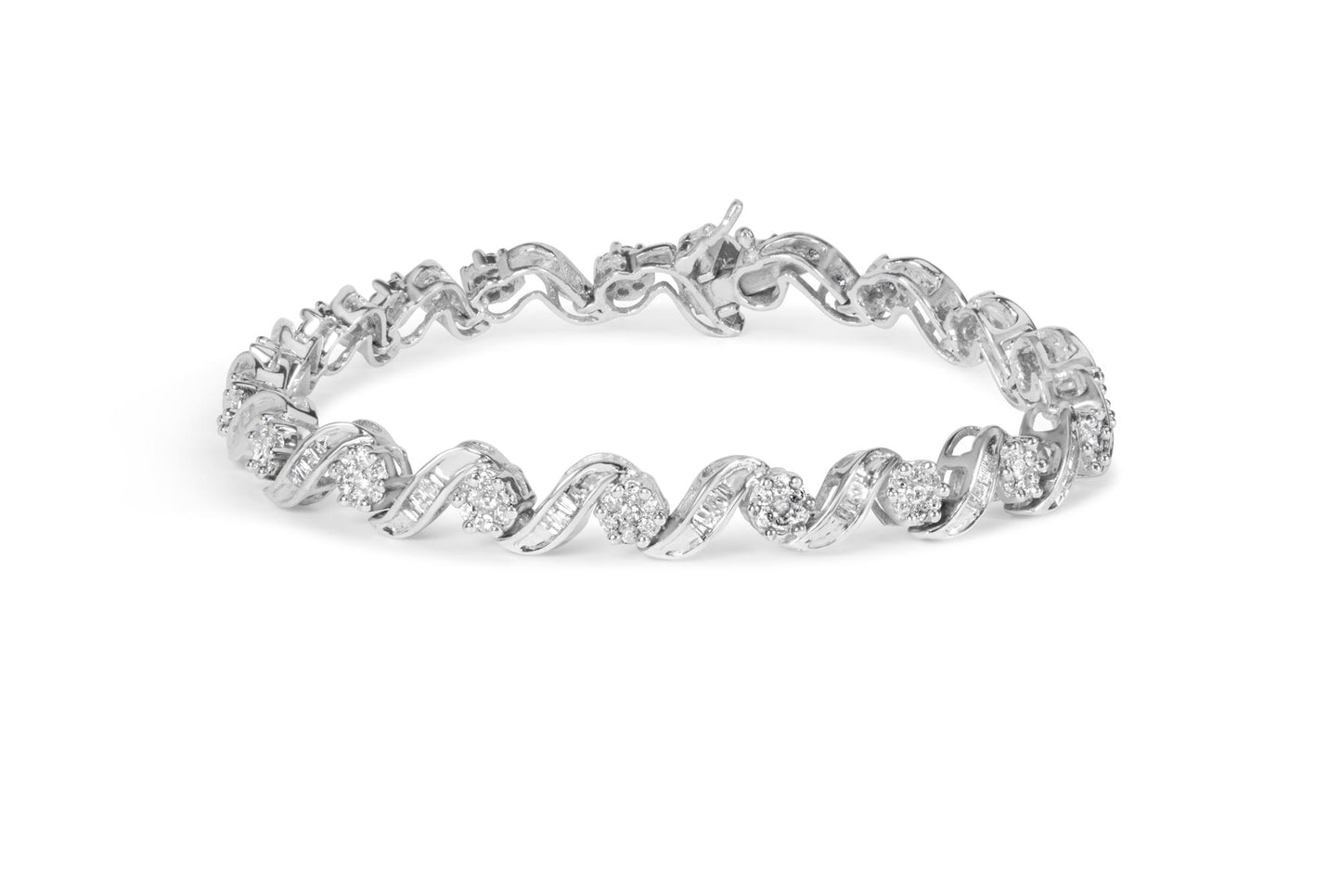 White metal bracelet with alternating twisted design set with round prong-set white gemstones and baguette channel-set white gemstones, shown on a white background at a slight angle.