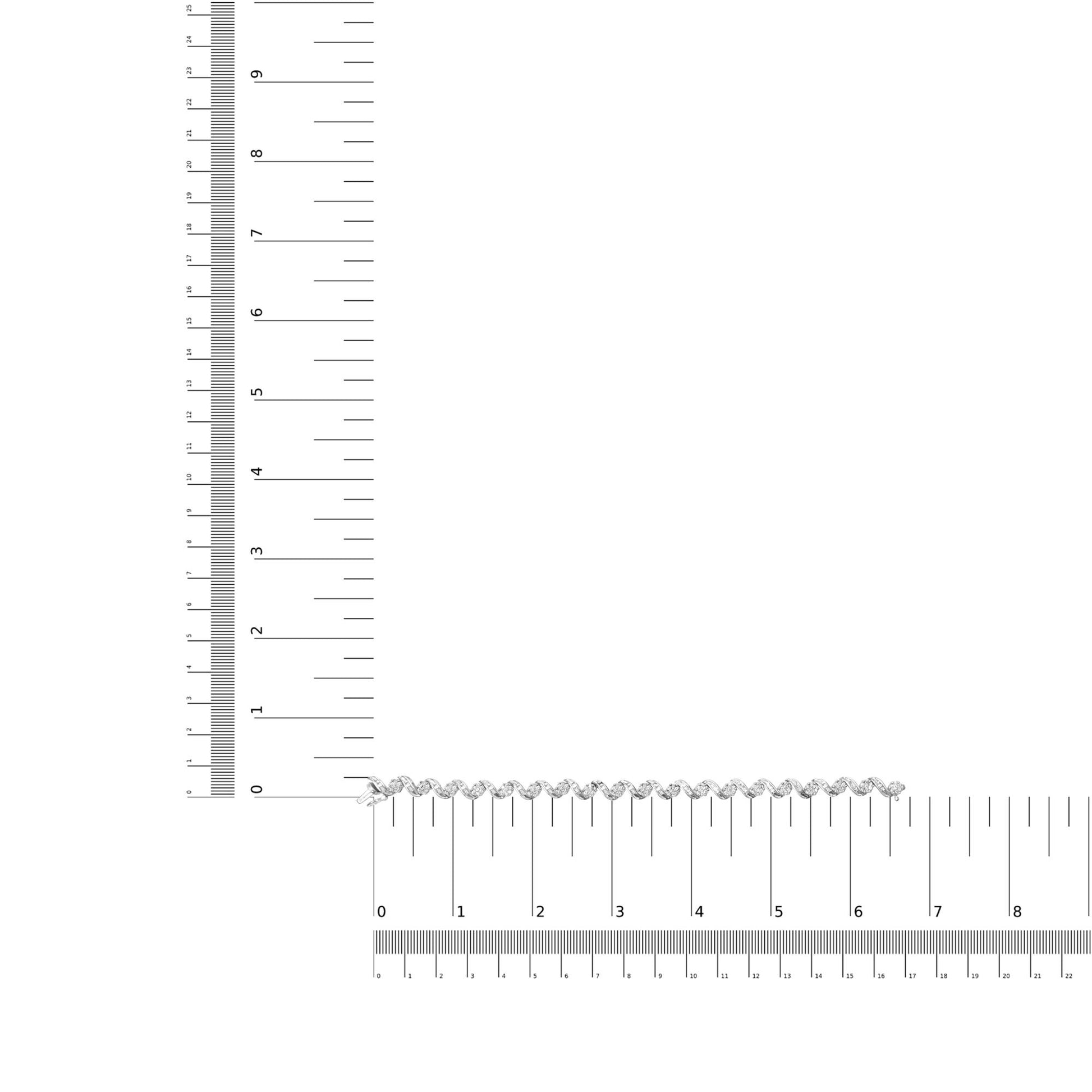 White metal bracelet with alternating round prong-set and baguette channel-set white gemstones, displayed on a ruler for size reference, shot from above.