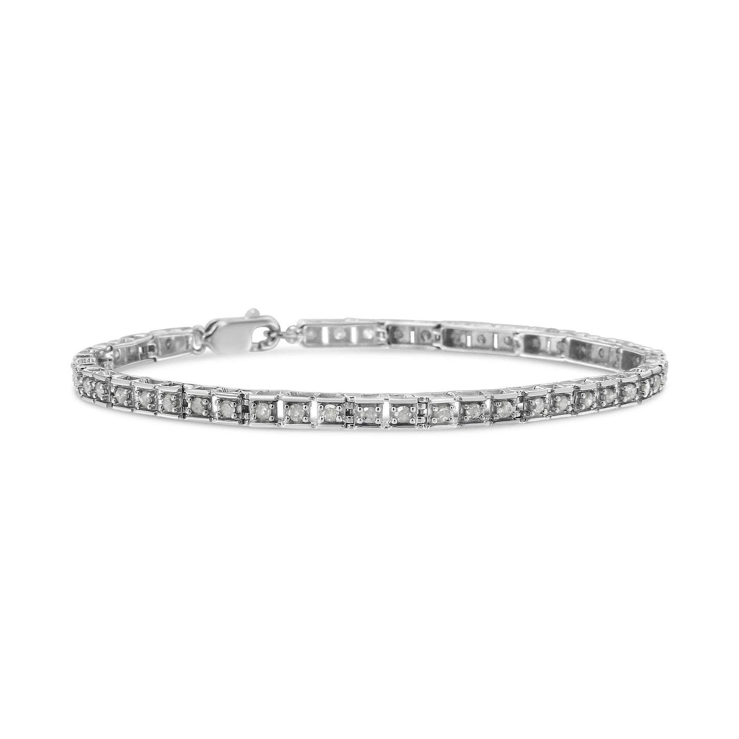 White metal bracelet with a row of round white gemstones in prong settings, shown from a slightly elevated front angle on a white background.