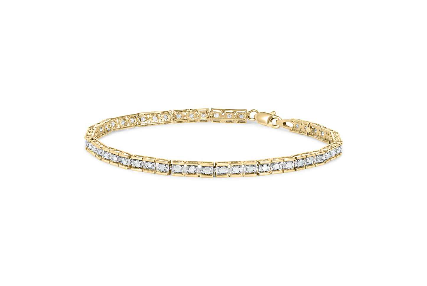 Yellow metal bracelet with round white gemstones in pave setting, shown in a front angled view on a white background.