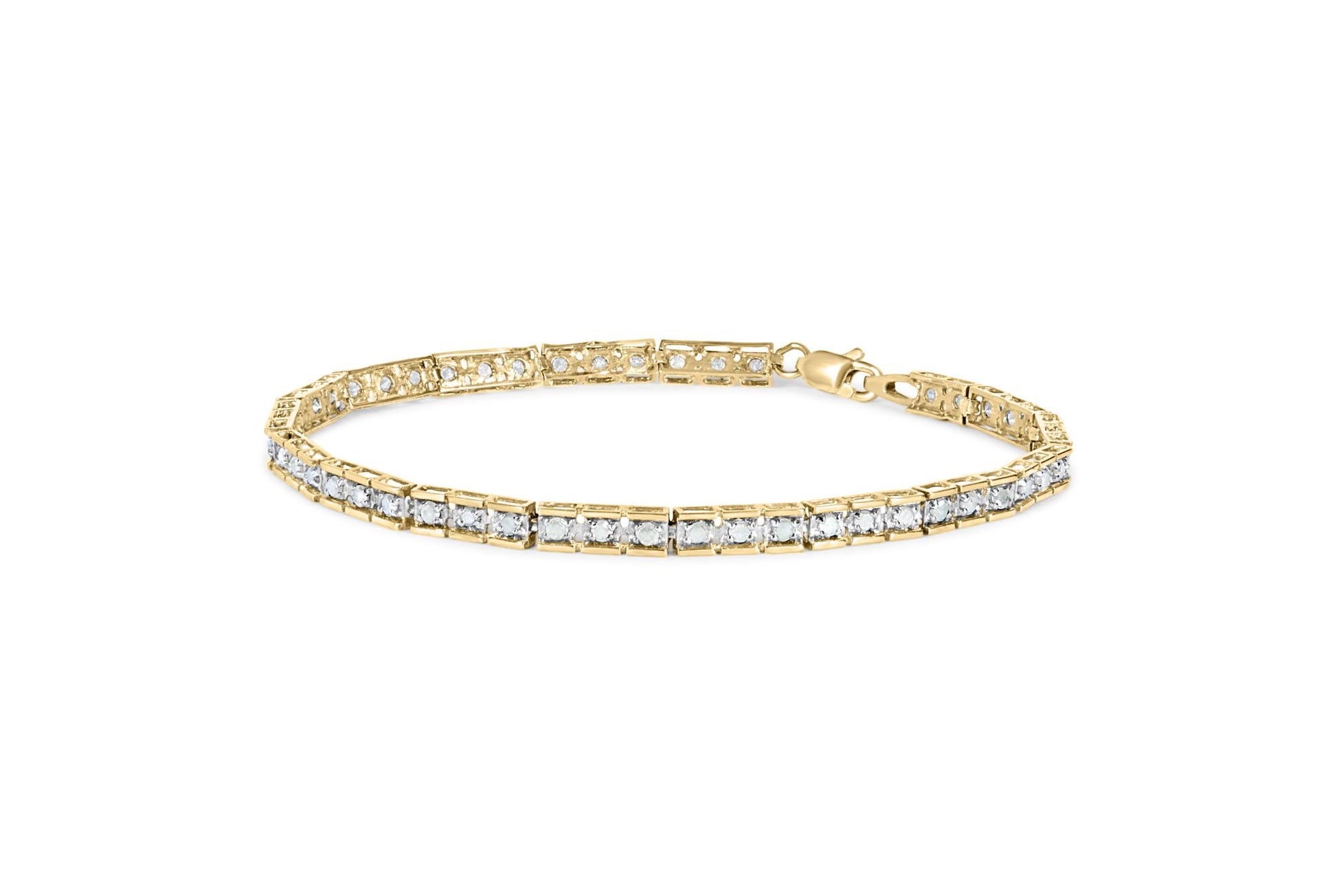 Yellow metal bracelet with round white gemstones in pave setting, shown in a front angled view on a white background.