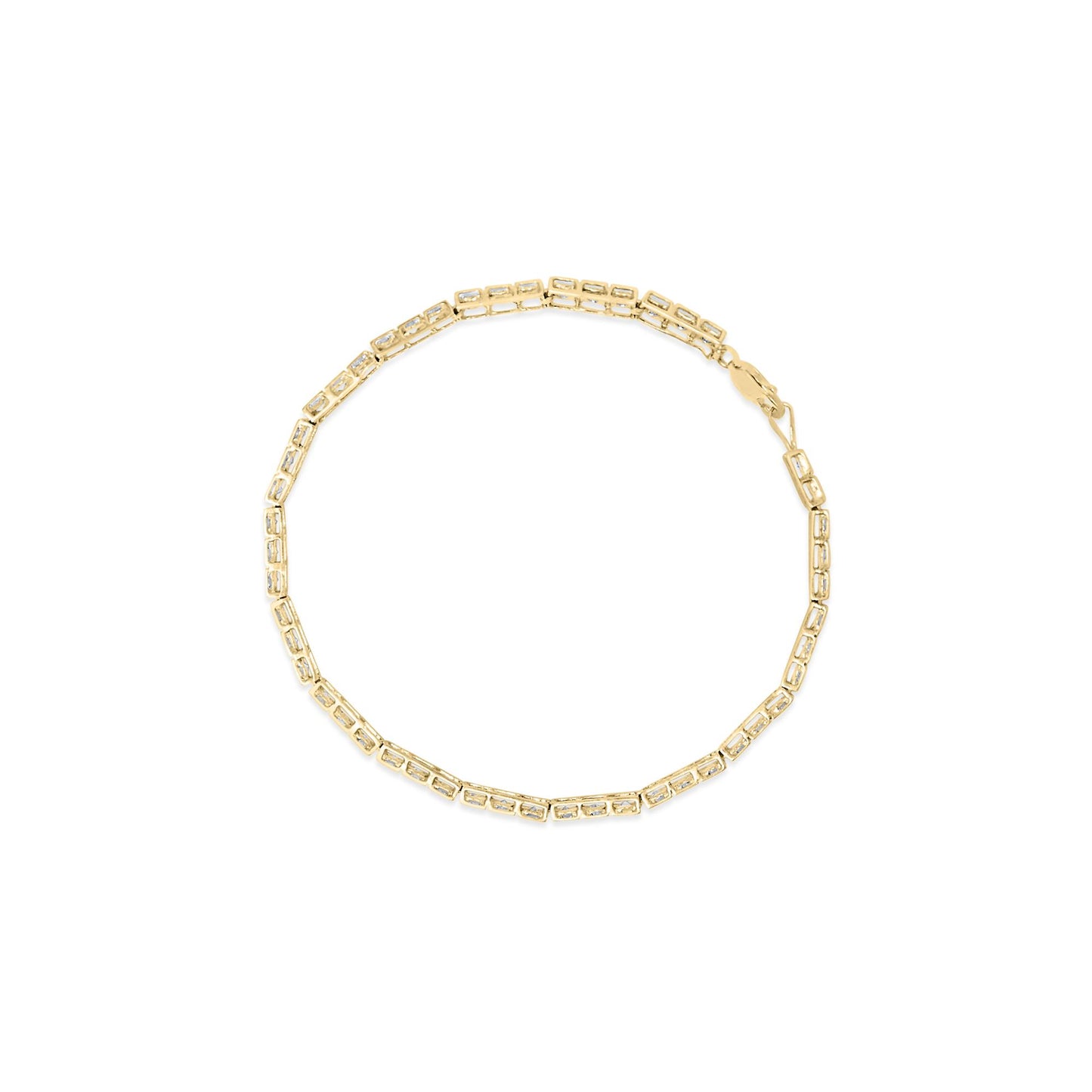 Top-down view of a yellow bracelet with rectangular links each set with small white gemstones in a pave setting.